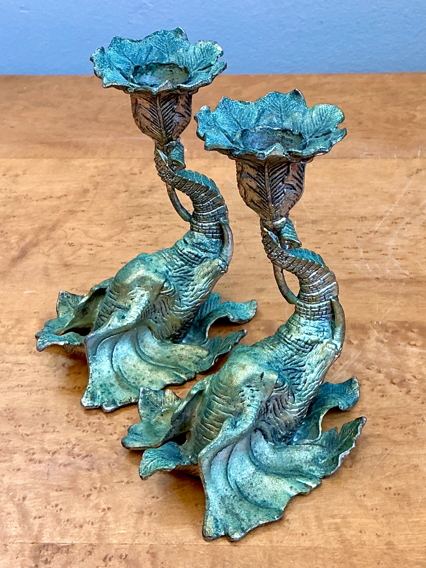 Vintage Brass Elephant Candlesticks - Pair - Top view