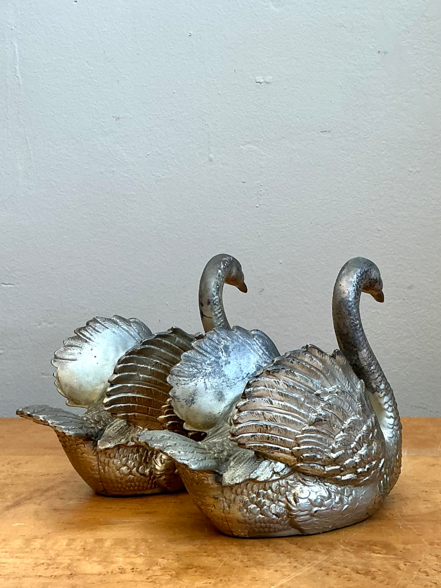 Vintage Ornamental Silver Swan Sculptures - Pair - Top view