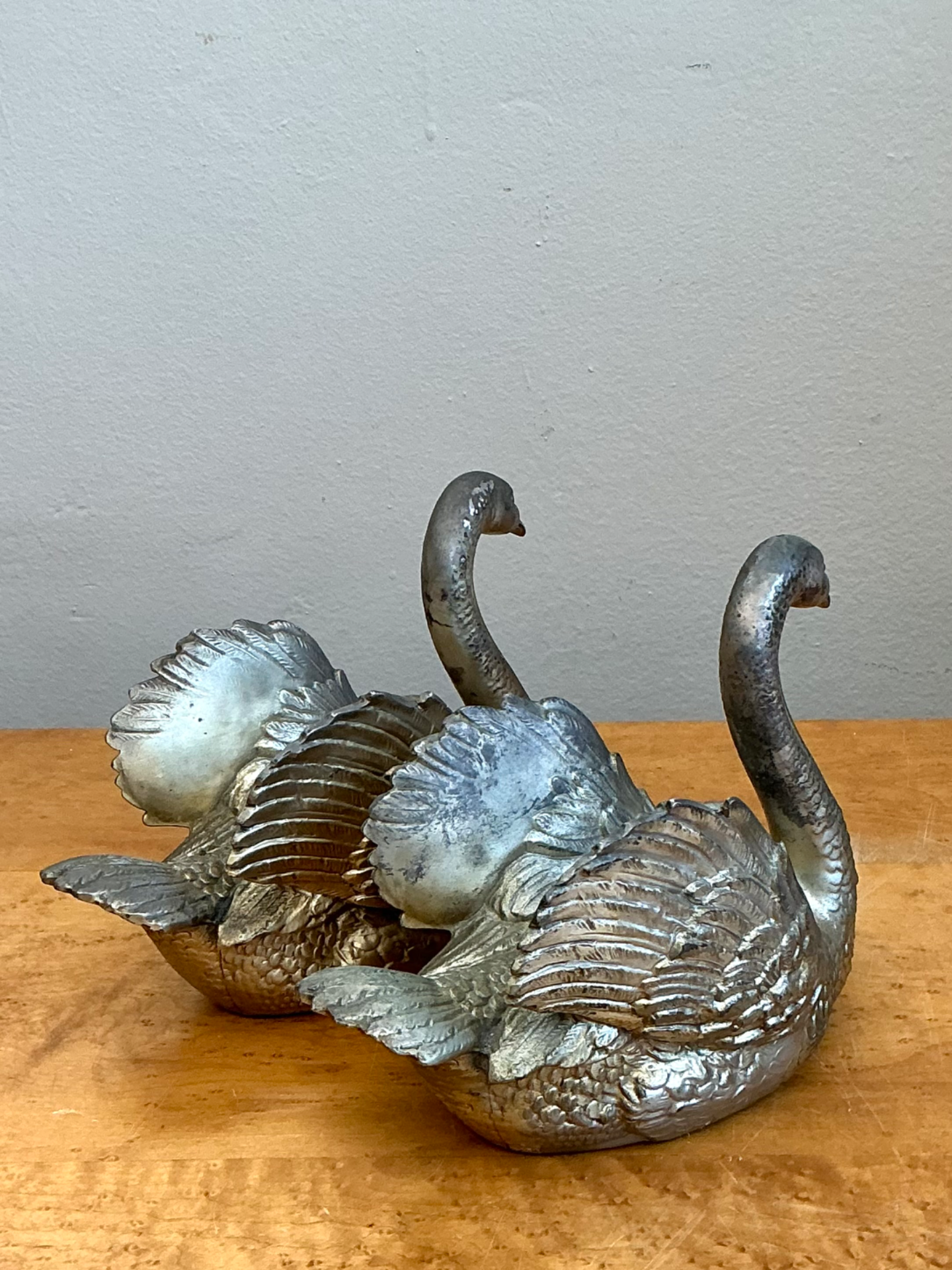 Vintage Ornamental Silver Swan Sculptures - Pair - Detail view