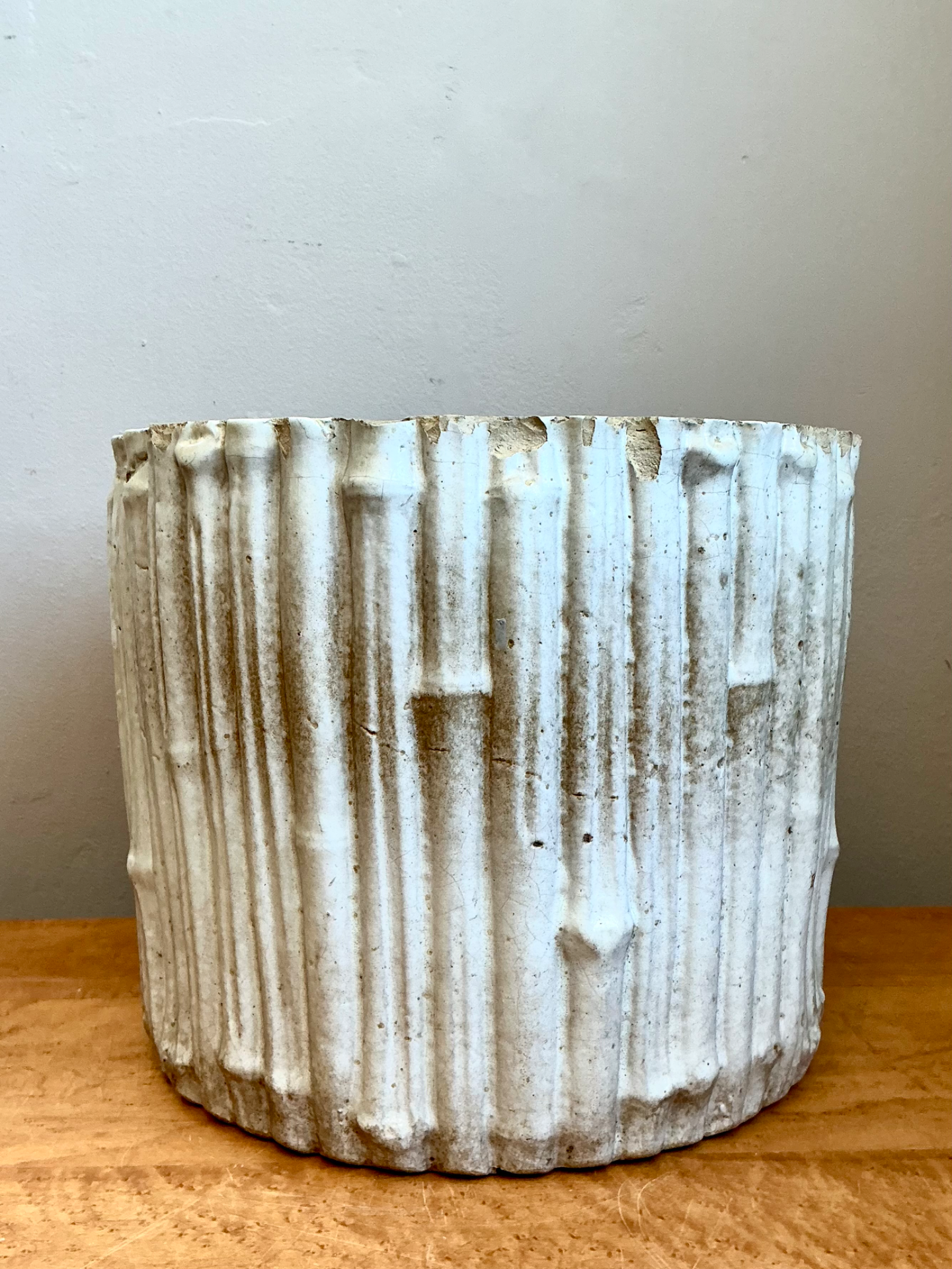 Vintage Faux Bamboo White Ceramic Pot - Side view
