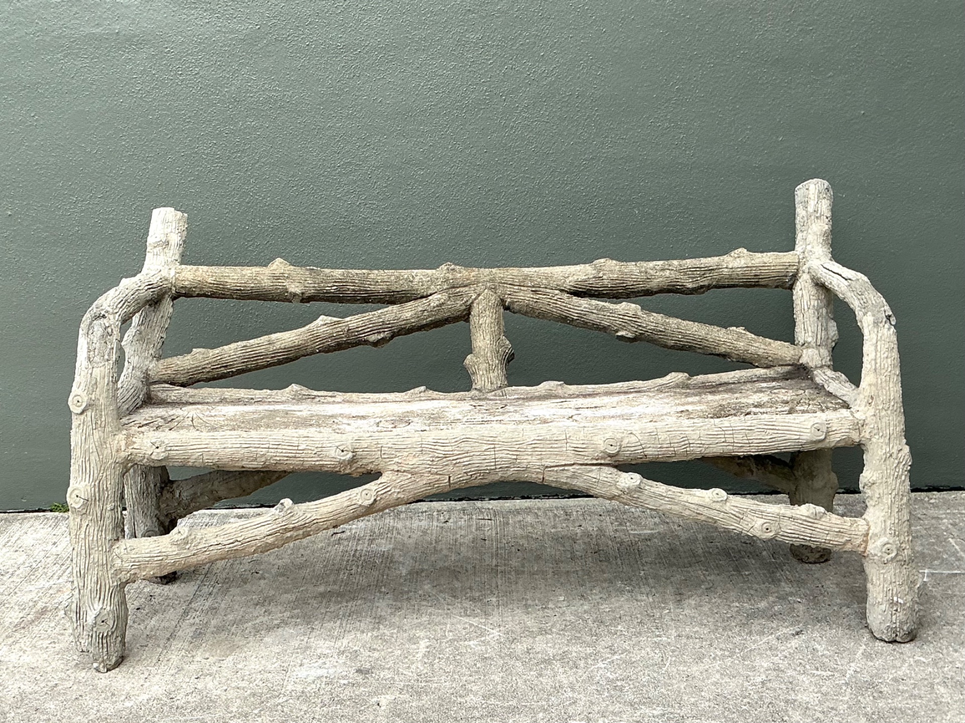 Vintage Faux Bois Concrete Garden Bench - Side view