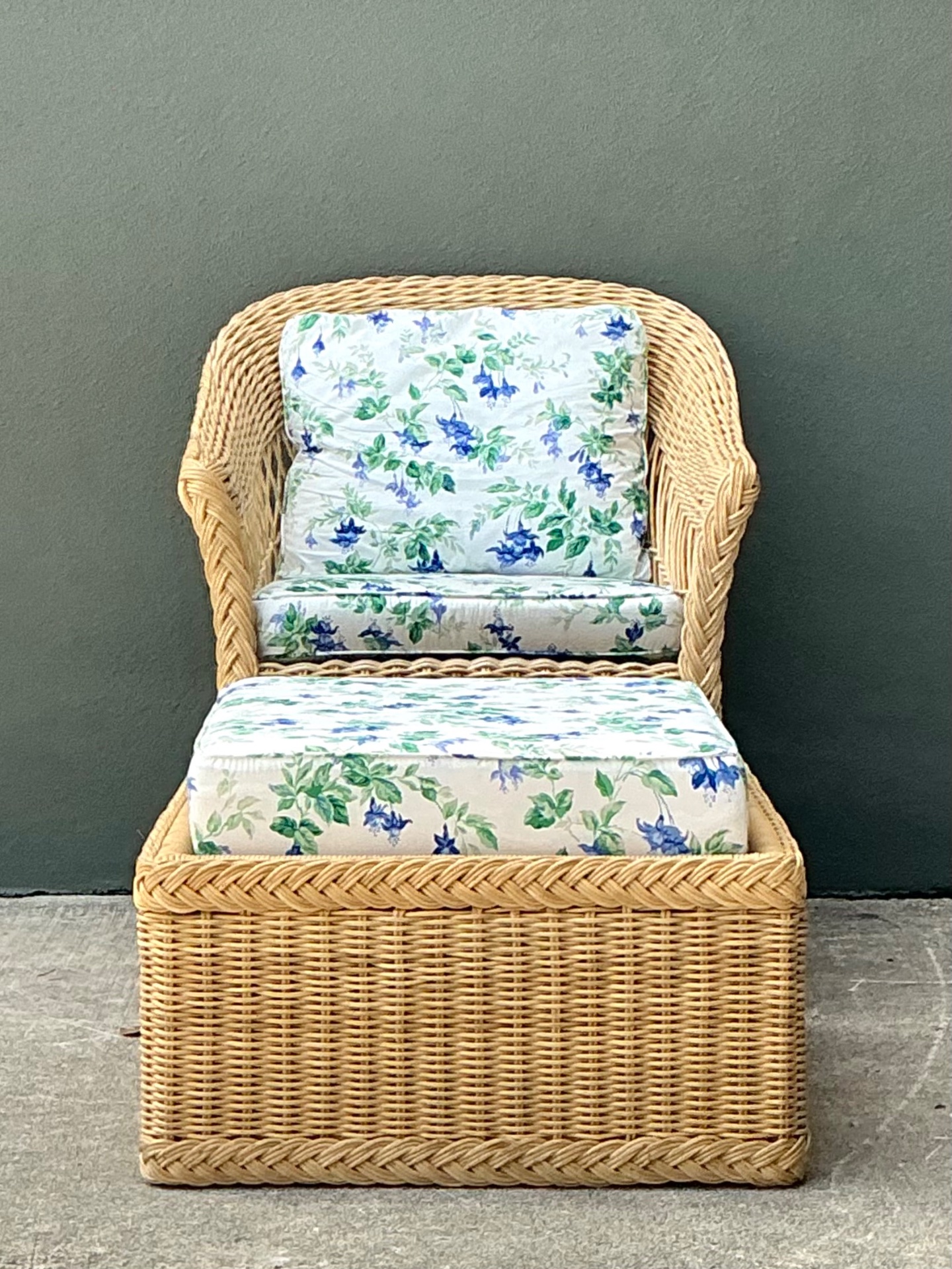 Vintage Woven Rattan Chair And Ottoman In Schumacher “Garden Gate” - Detail view