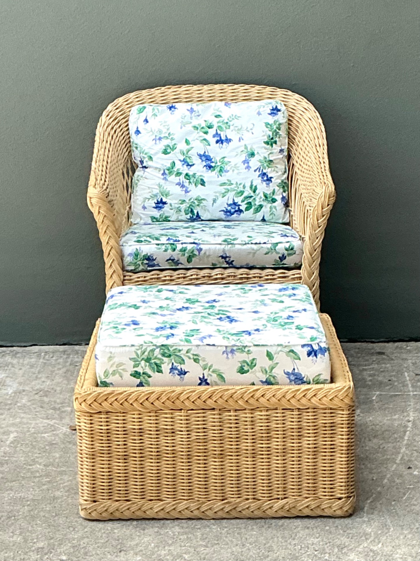 Vintage Woven Rattan Chair And Ottoman In Schumacher “Garden Gate” - Back view