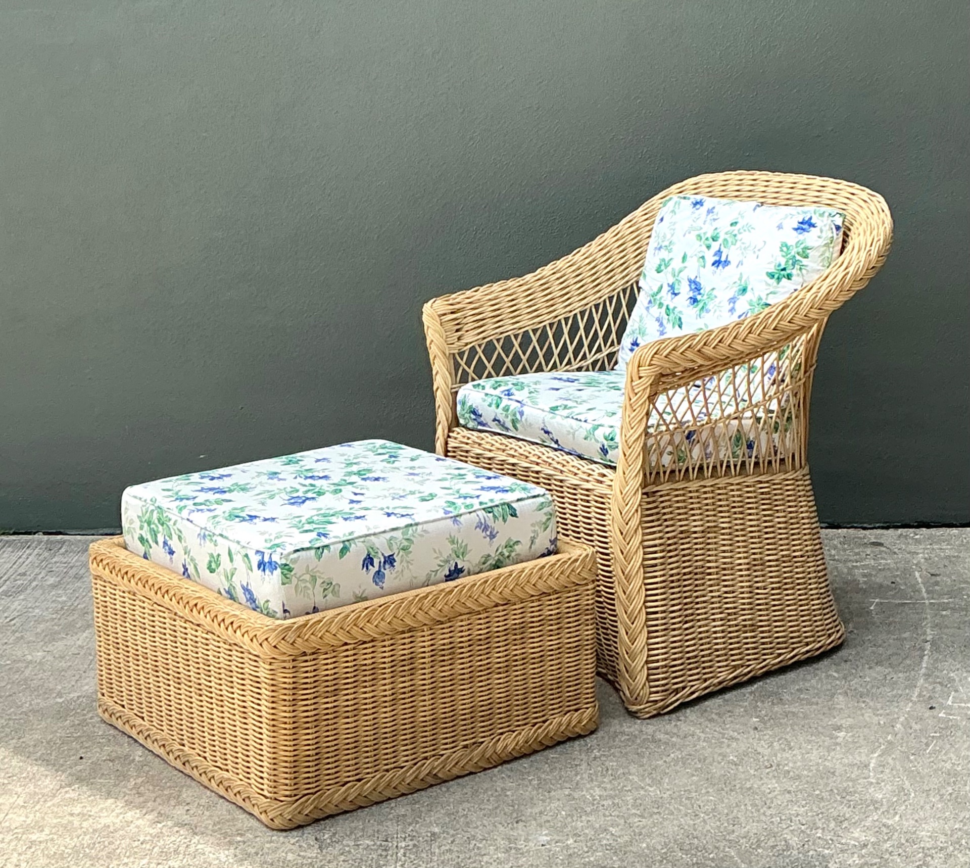 Vintage Woven Rattan Chair And Ottoman In Schumacher “Garden Gate” - Side view