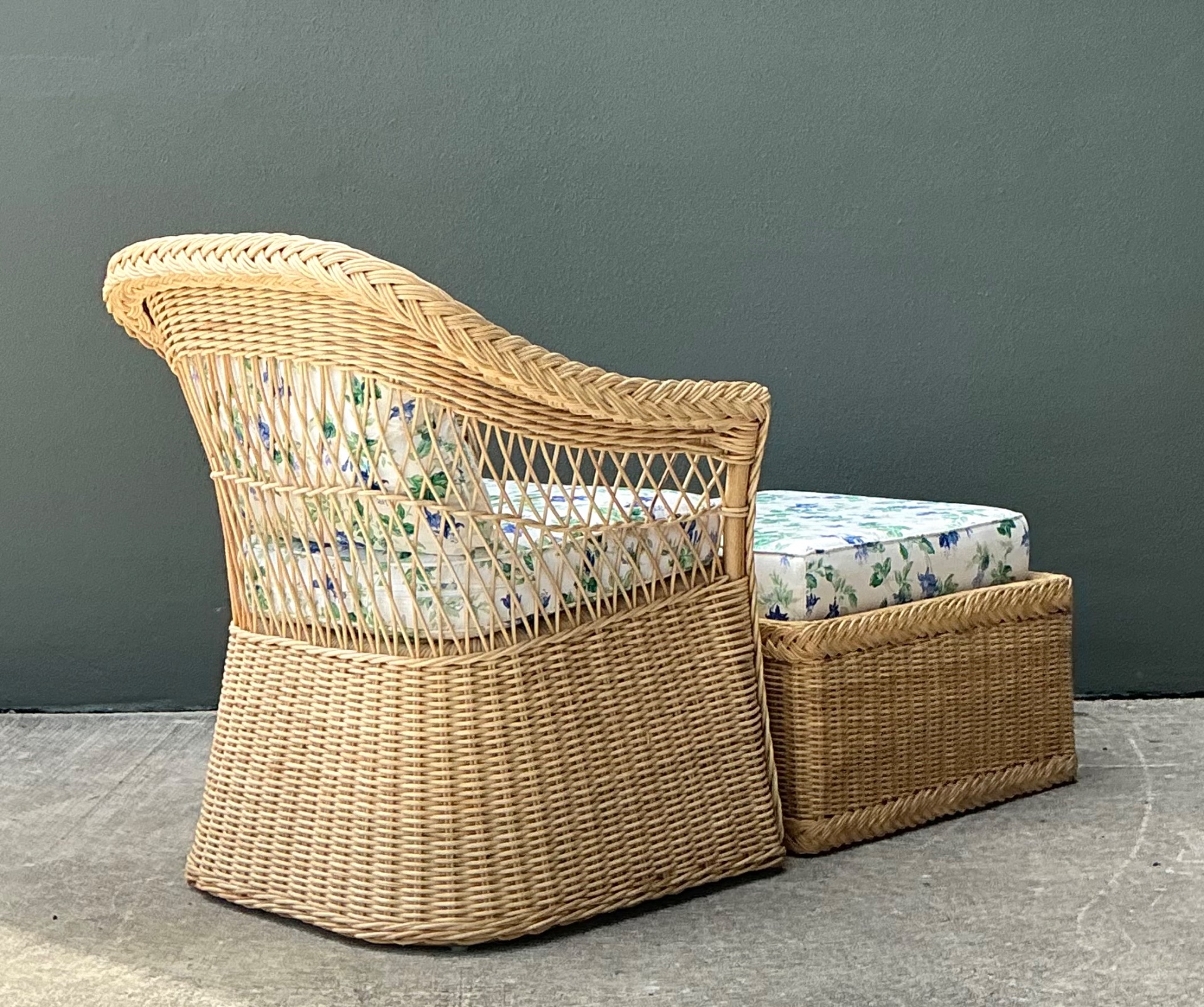 Vintage Woven Rattan Chair And Ottoman In Schumacher “Garden Gate” - Top view