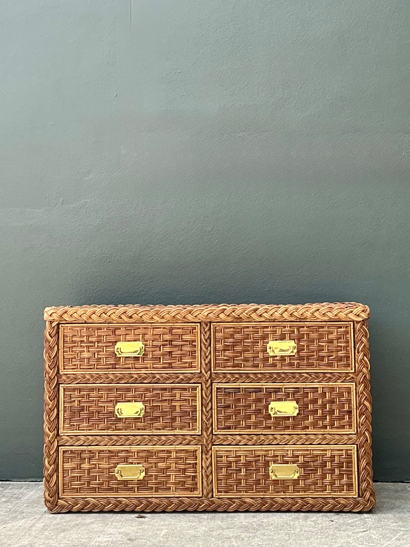 Vintage Braided Rattan Six Drawer Campaign Dresser - Top view