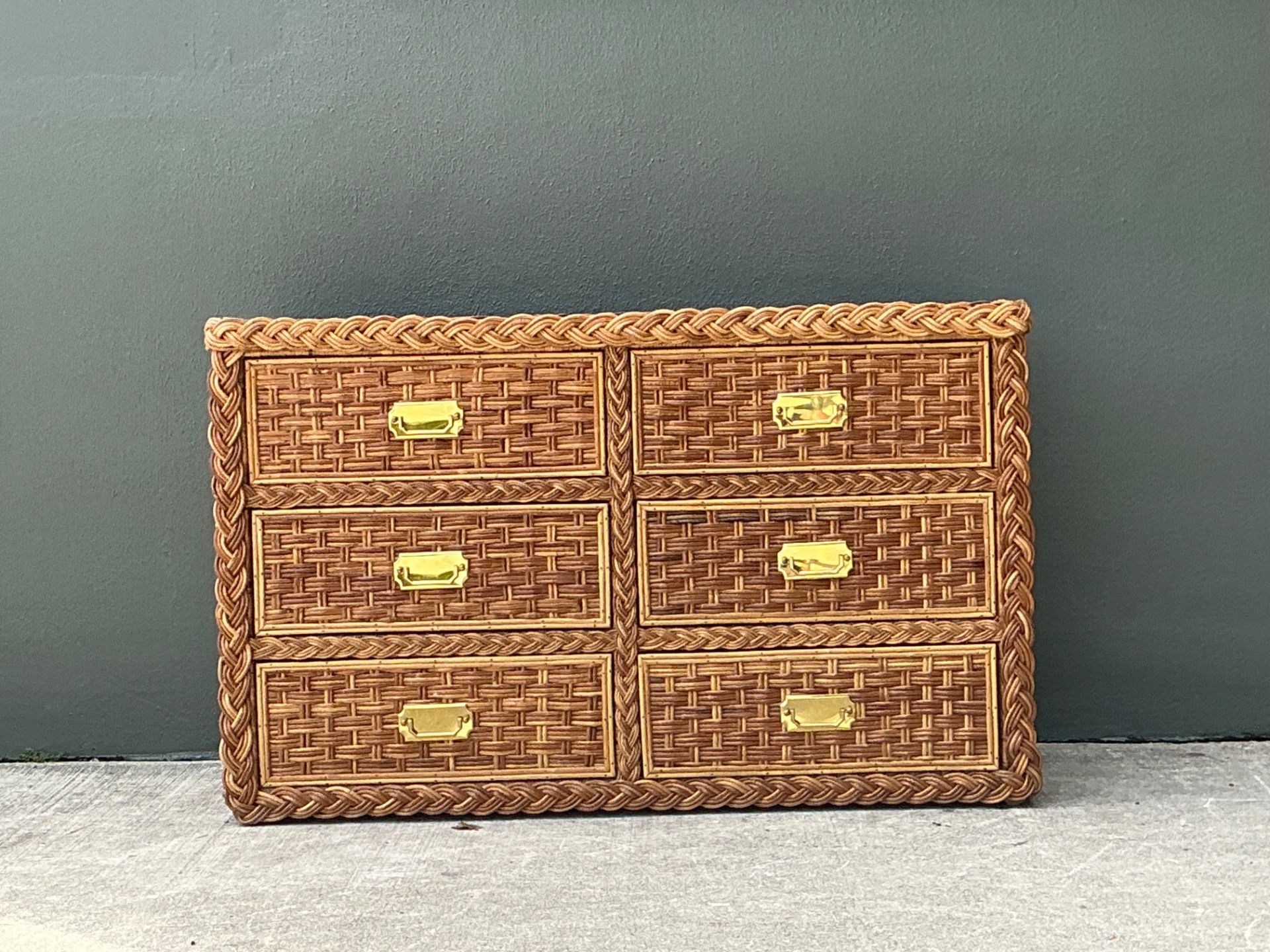 Vintage Braided Rattan Six Drawer Campaign Dresser - Side view