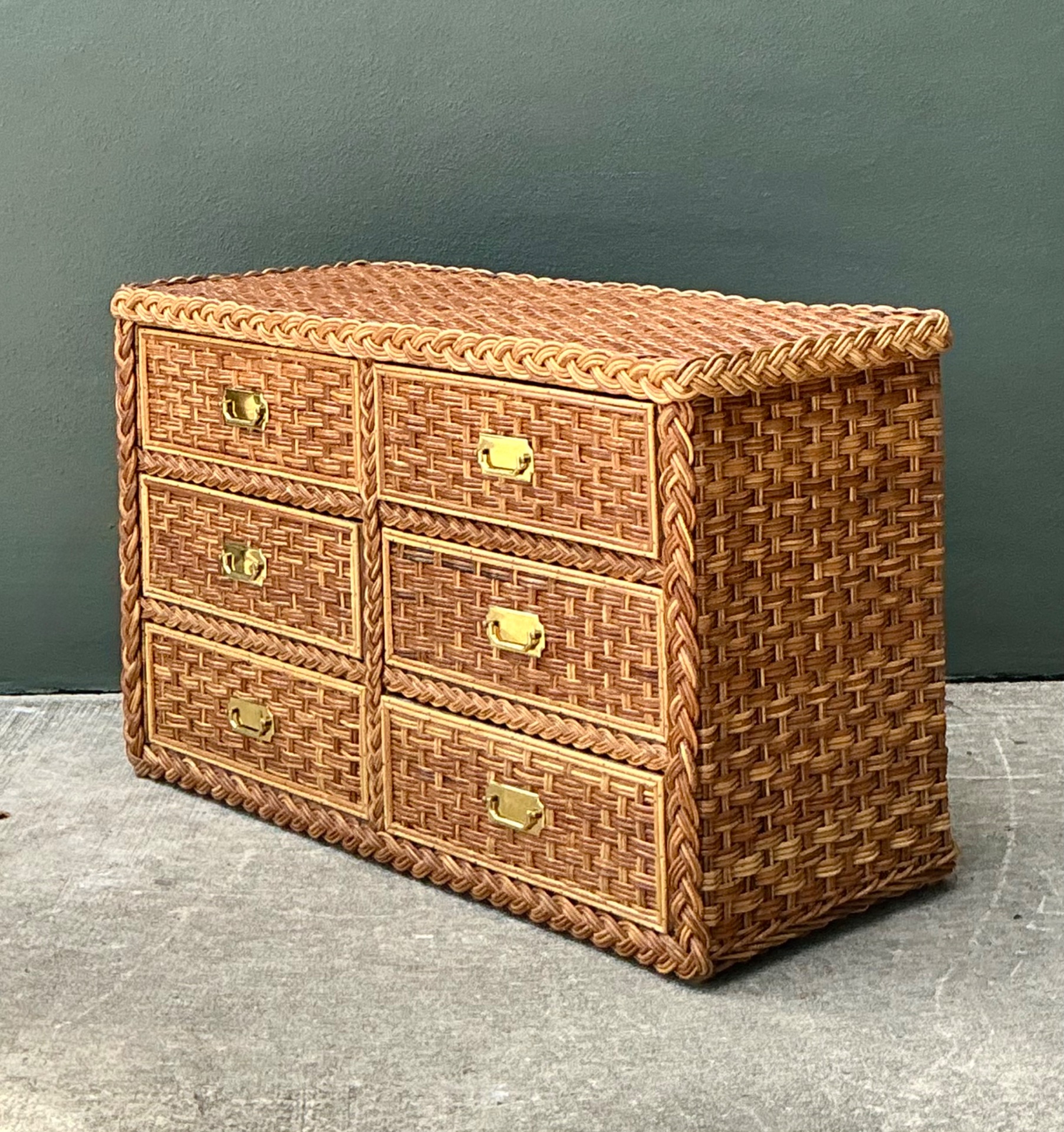 Vintage Braided Rattan Six Drawer Campaign Dresser - Detail view
