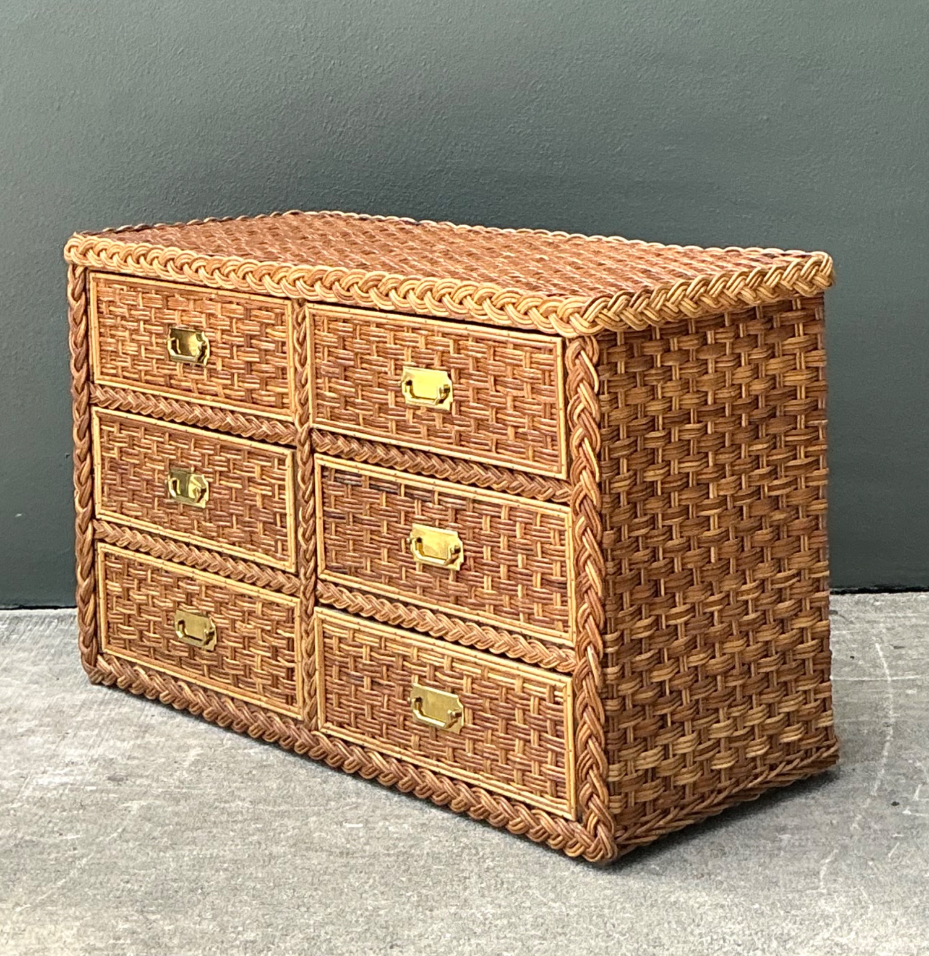 Vintage Braided Rattan Six Drawer Campaign Dresser - Back view
