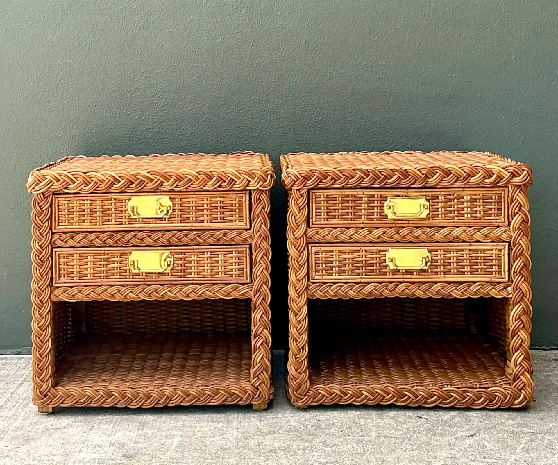 Vintage Braided Rattan Nightstands - A Pair - Detail view