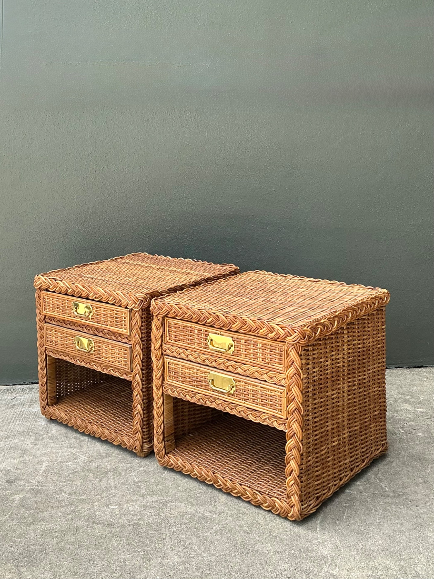 Vintage Braided Rattan Nightstands - A Pair - Top view