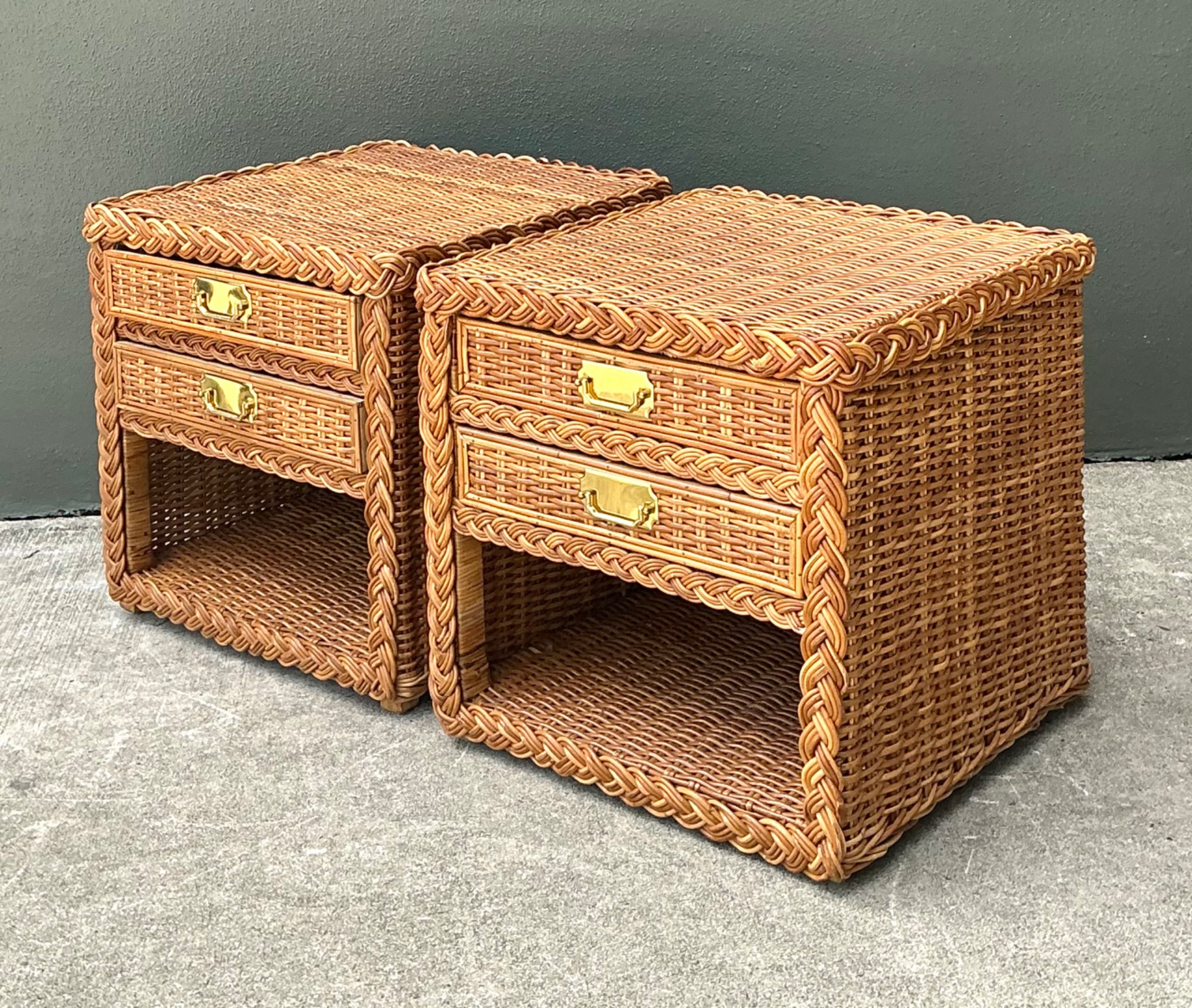 Vintage Braided Rattan Nightstands - A Pair - Side view