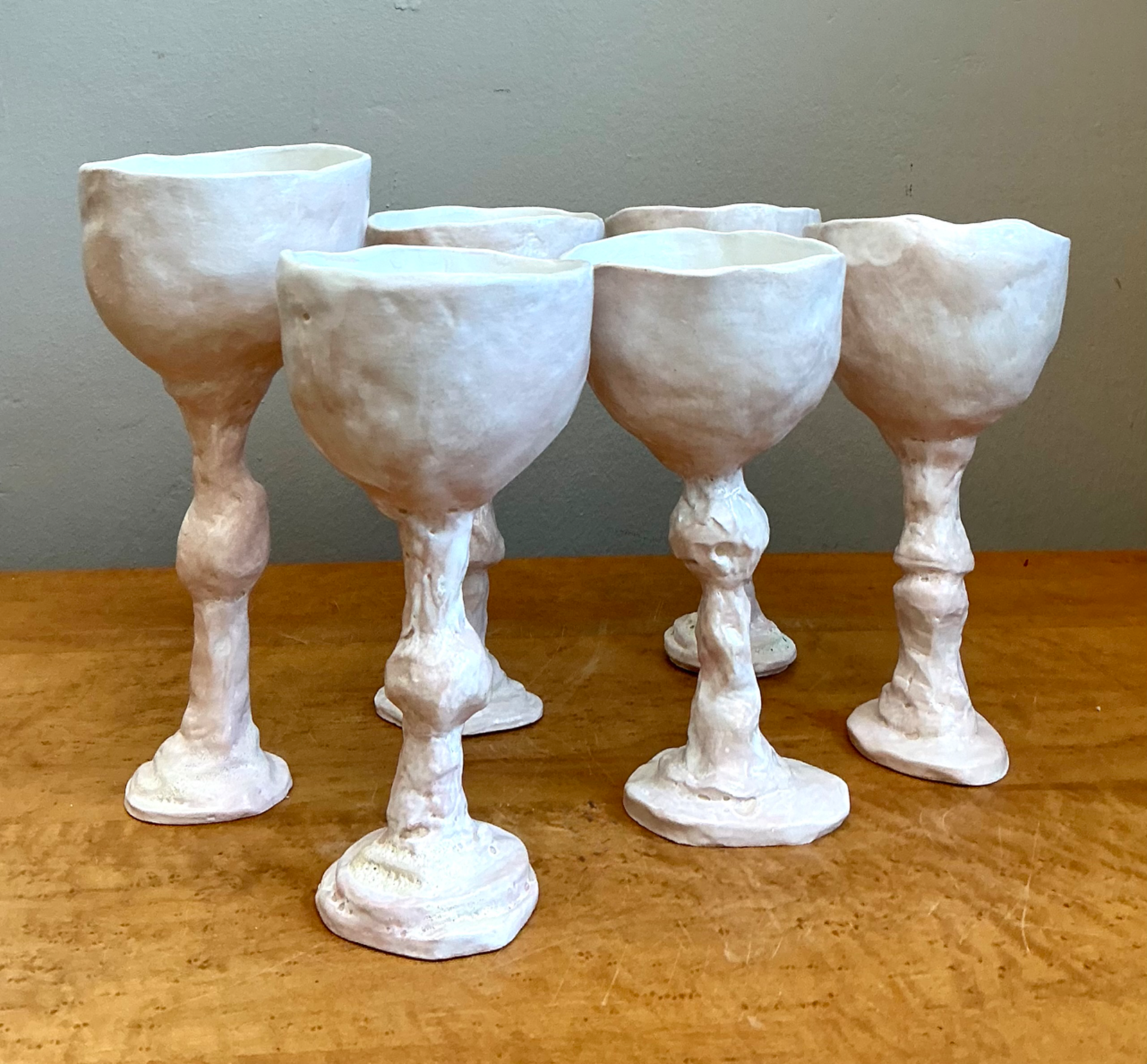 Vintage Handmade Sculptural Ceramic Goblets - Set - Side view