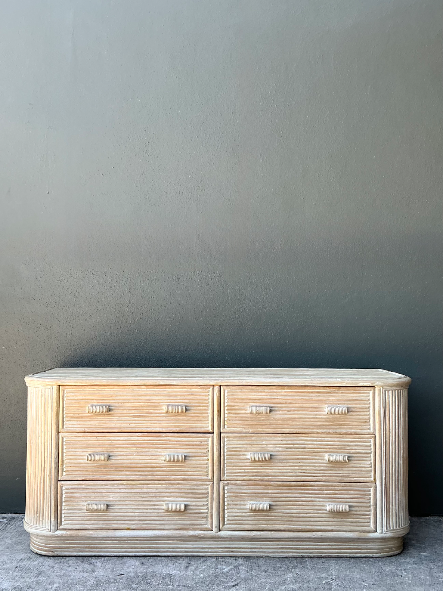 Vintage Washed Pretzel Reed Six-Drawer Dresser - Back view