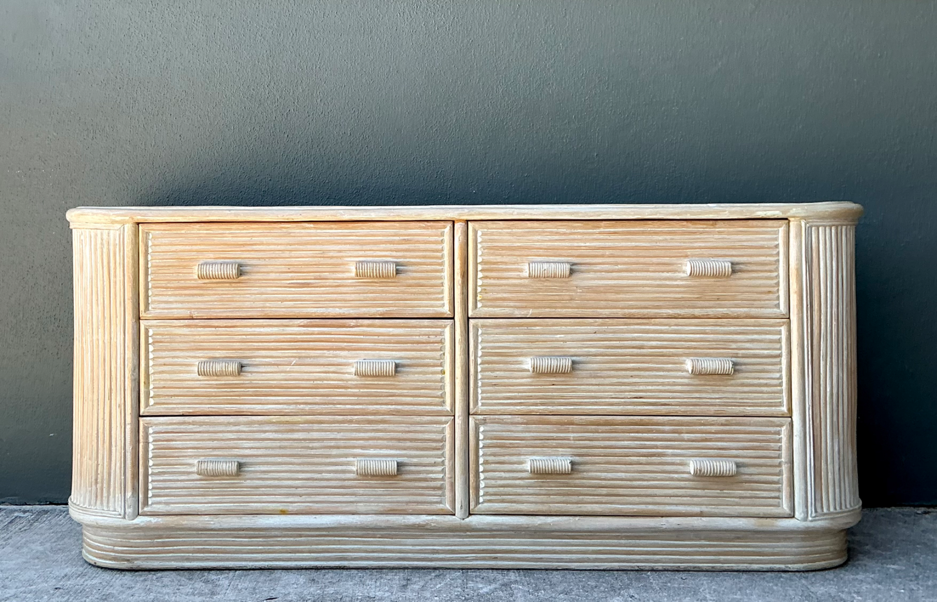Vintage Washed Pretzel Reed Six-Drawer Dresser - Detail view