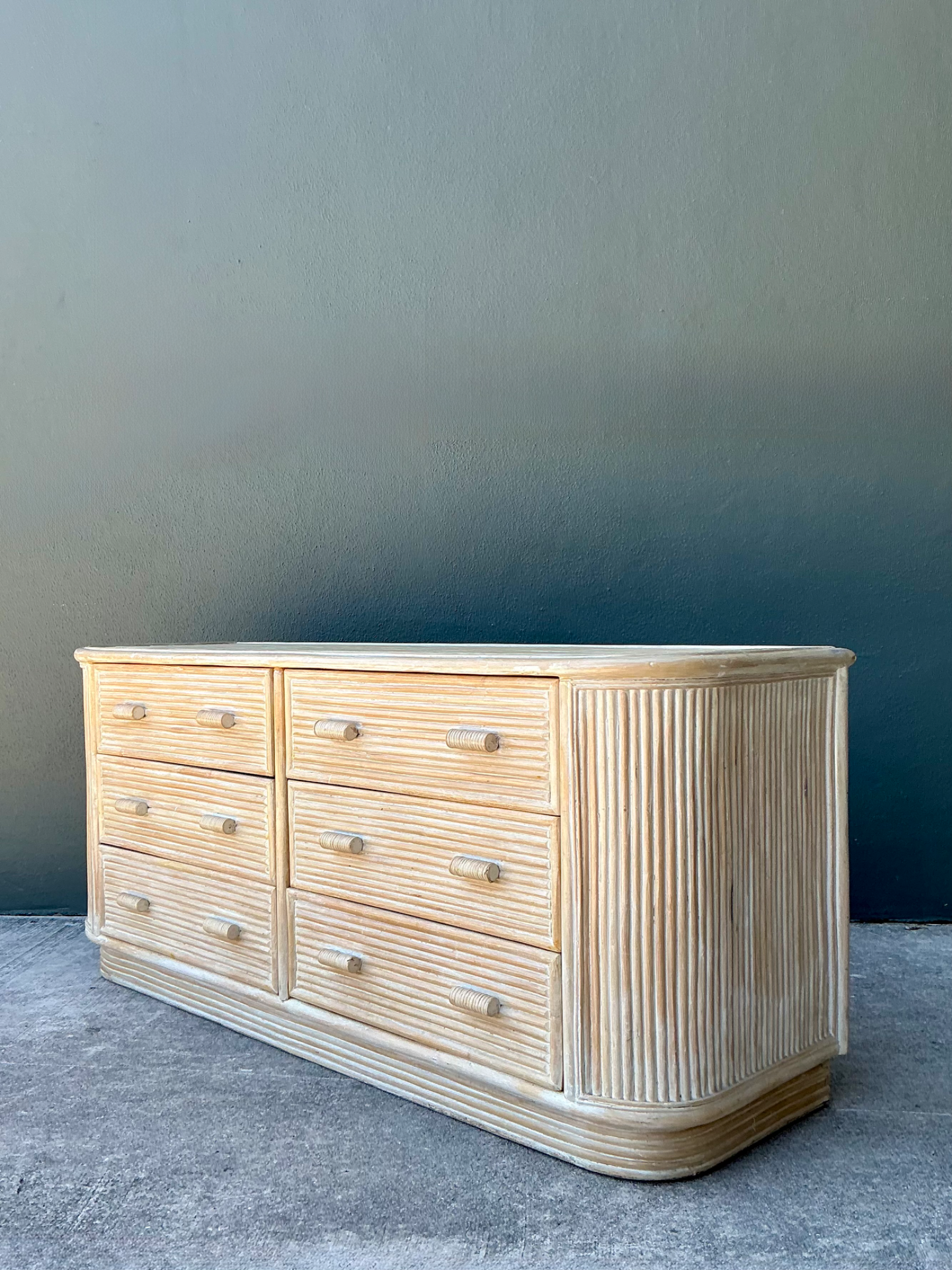 Vintage Washed Pretzel Reed Six-Drawer Dresser - Side view