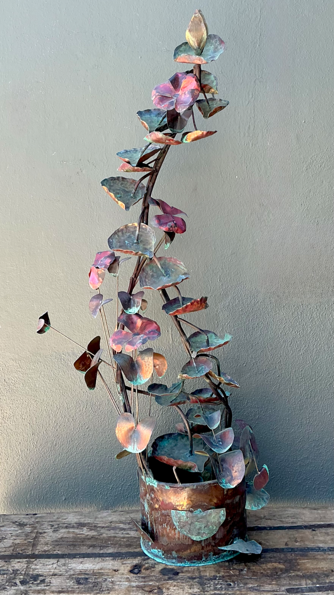 Vintage Patinated Copper Lotus Sculpture - Back view