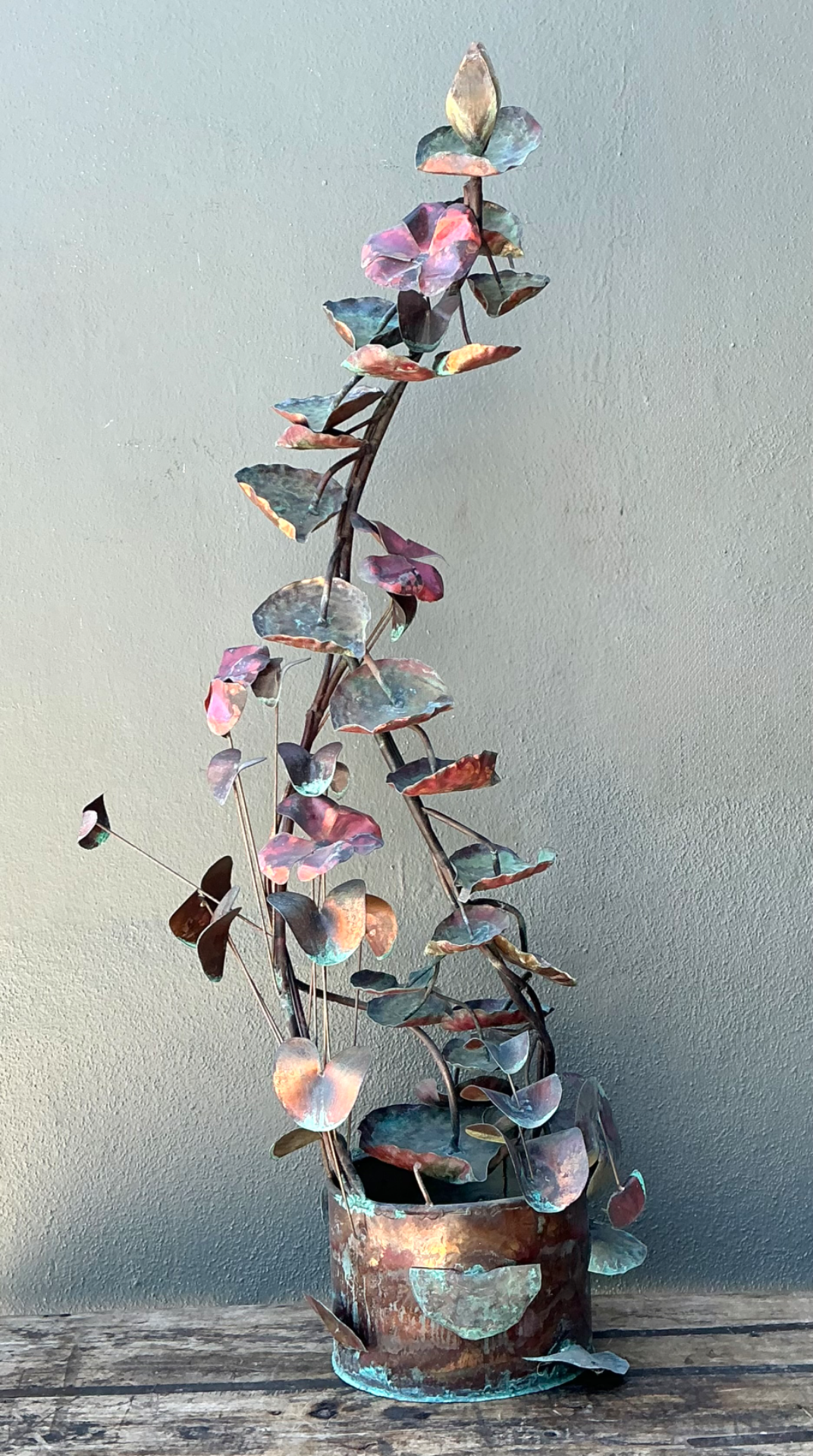 Vintage Patinated Copper Lotus Sculpture - Detail view