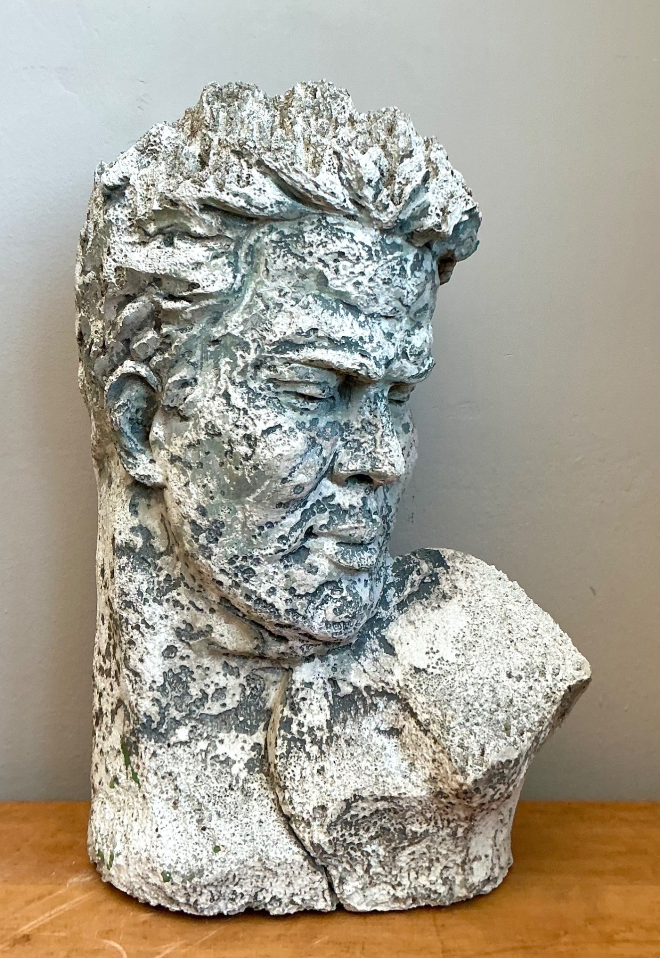 Vintage Weathered Stone Bust Wall Sculpture - Detail view