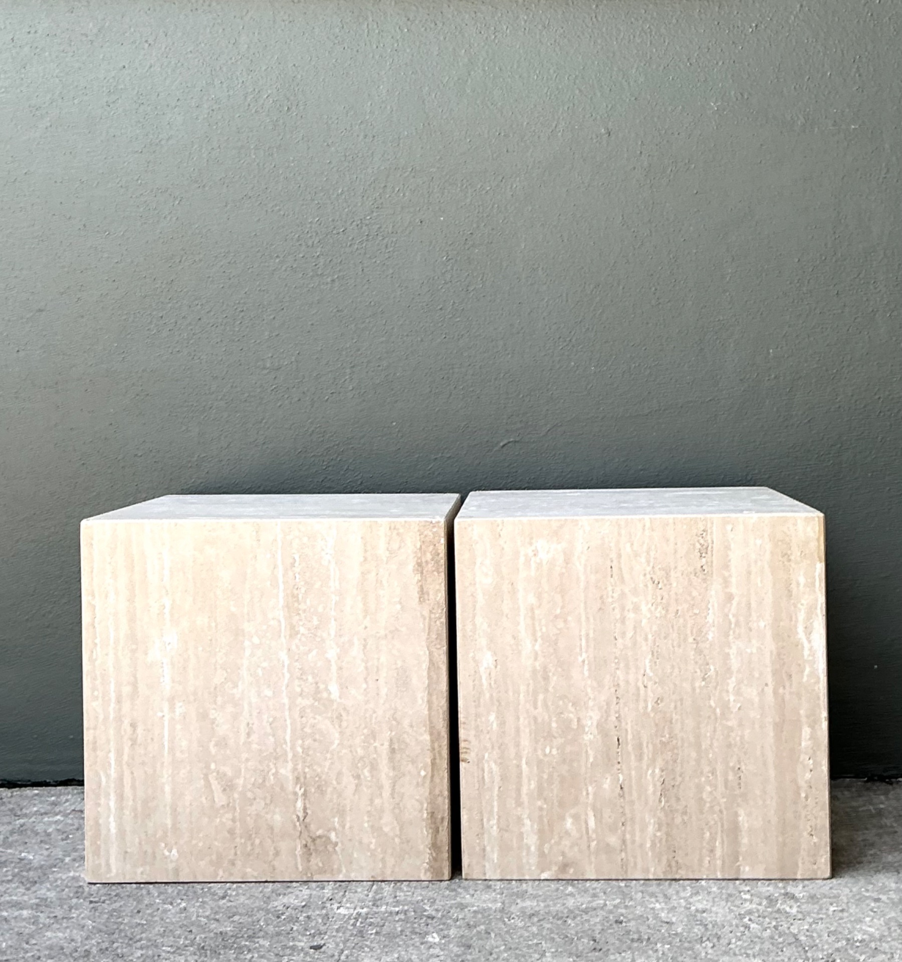 Vintage Travertine Cube Side Tables - A Pair - Side view