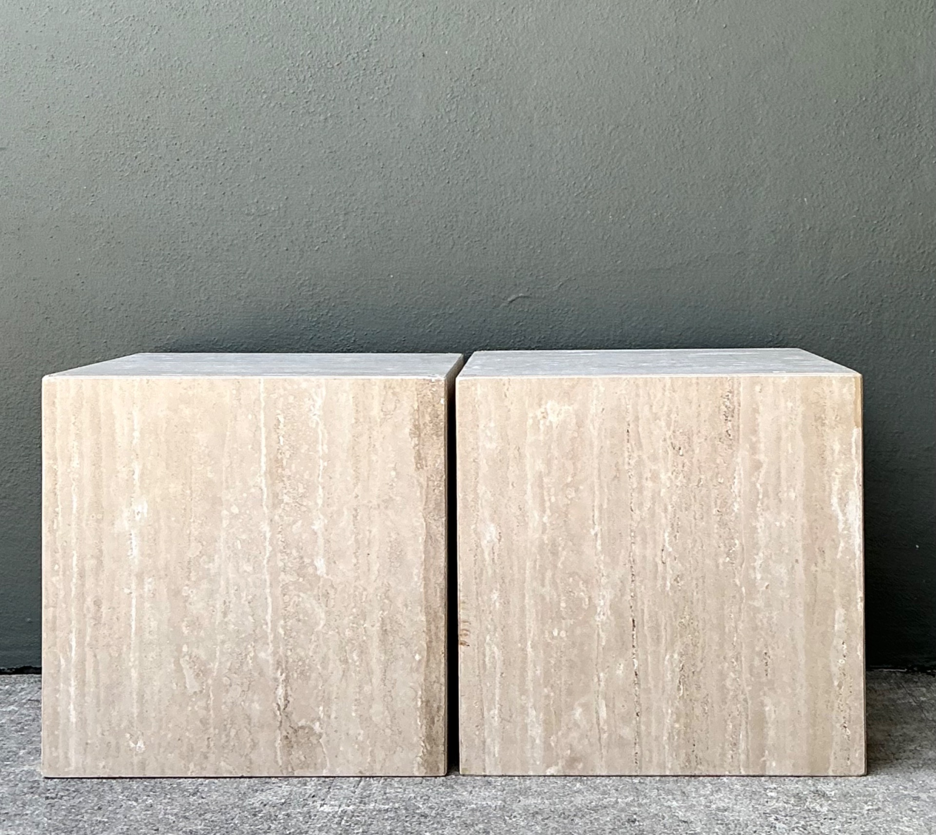 Vintage Travertine Cube Side Tables - A Pair - Top view