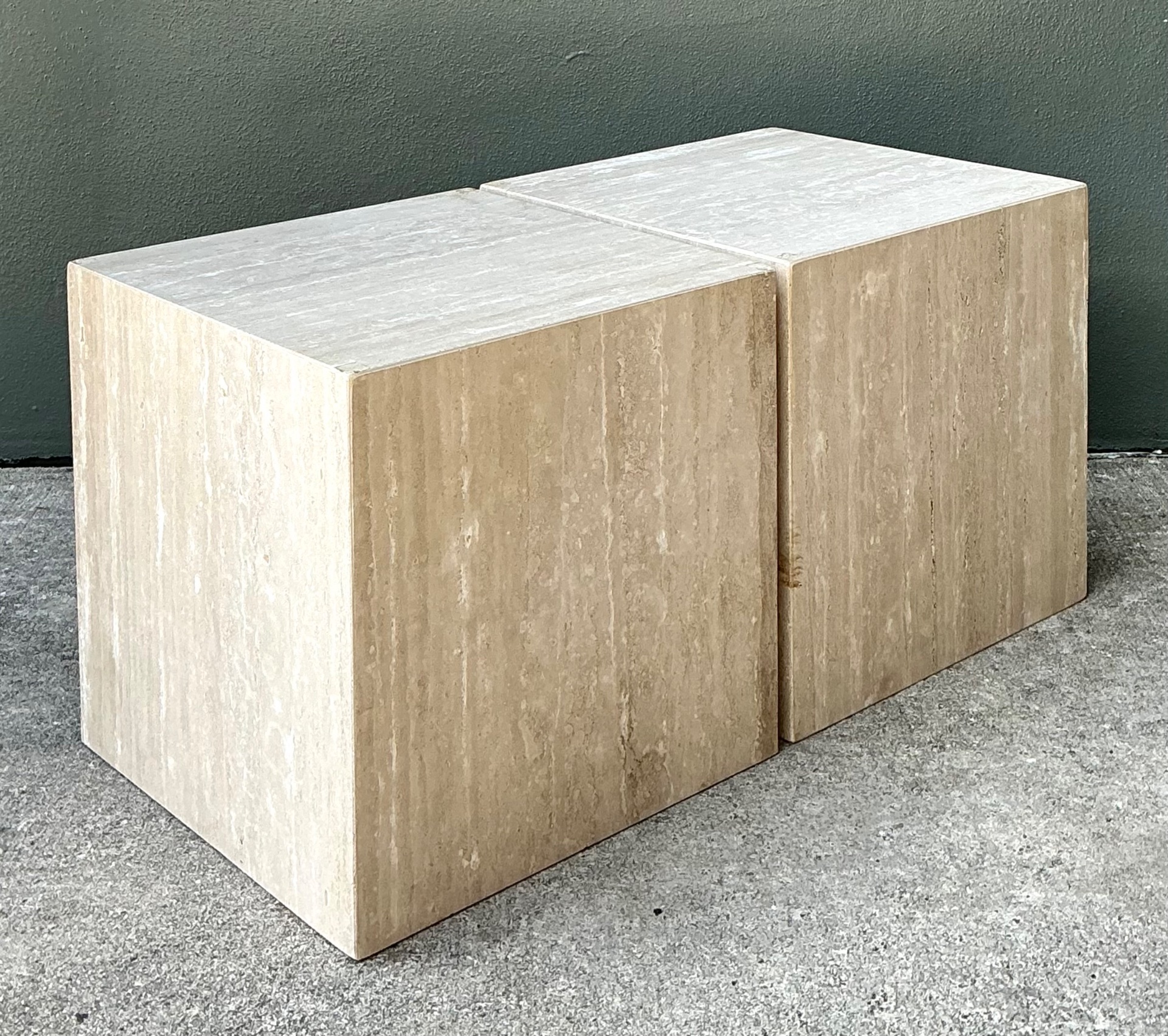 Vintage Travertine Cube Side Tables - A Pair - Side view