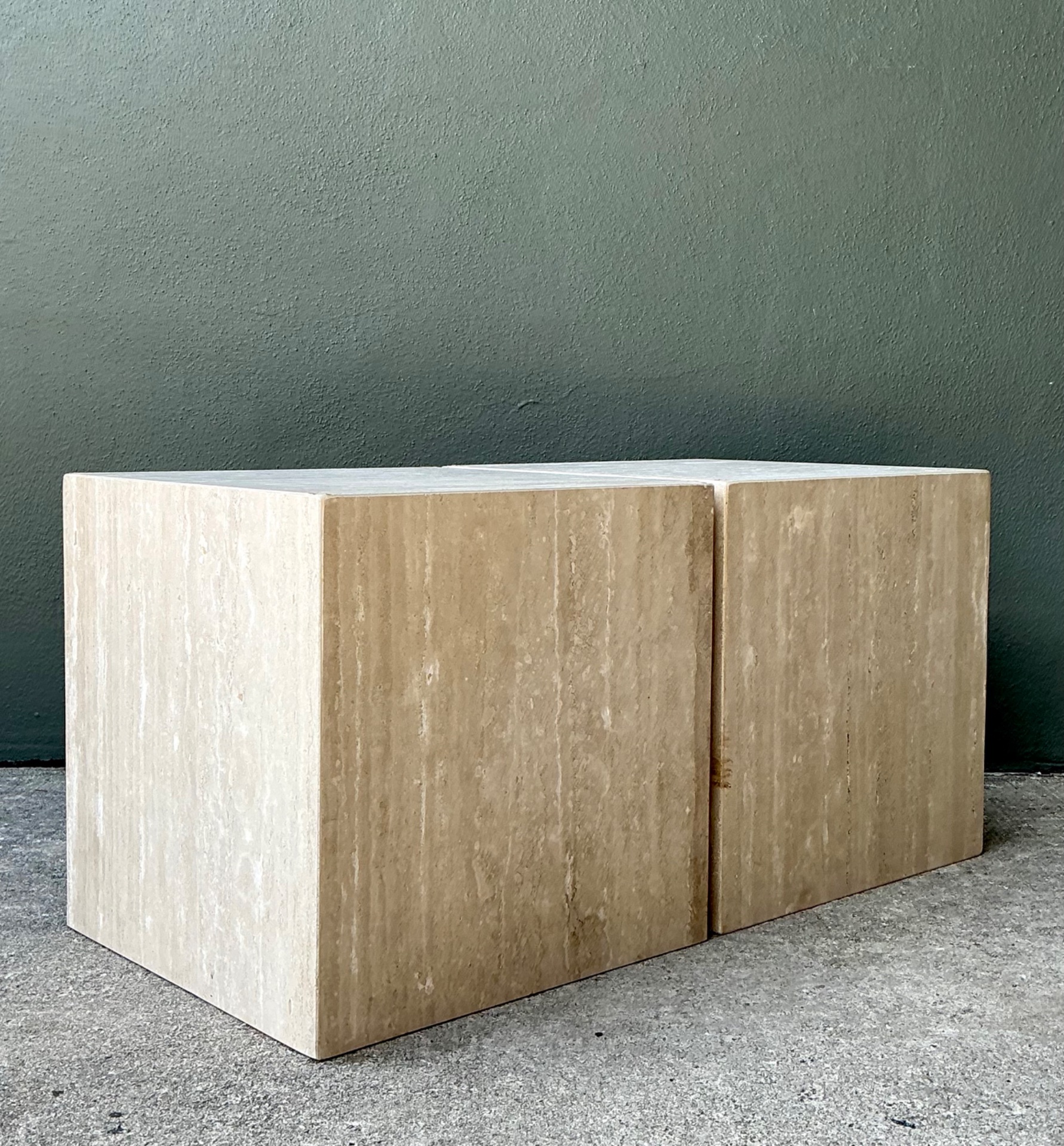 Vintage Travertine Cube Side Tables - A Pair - Side view
