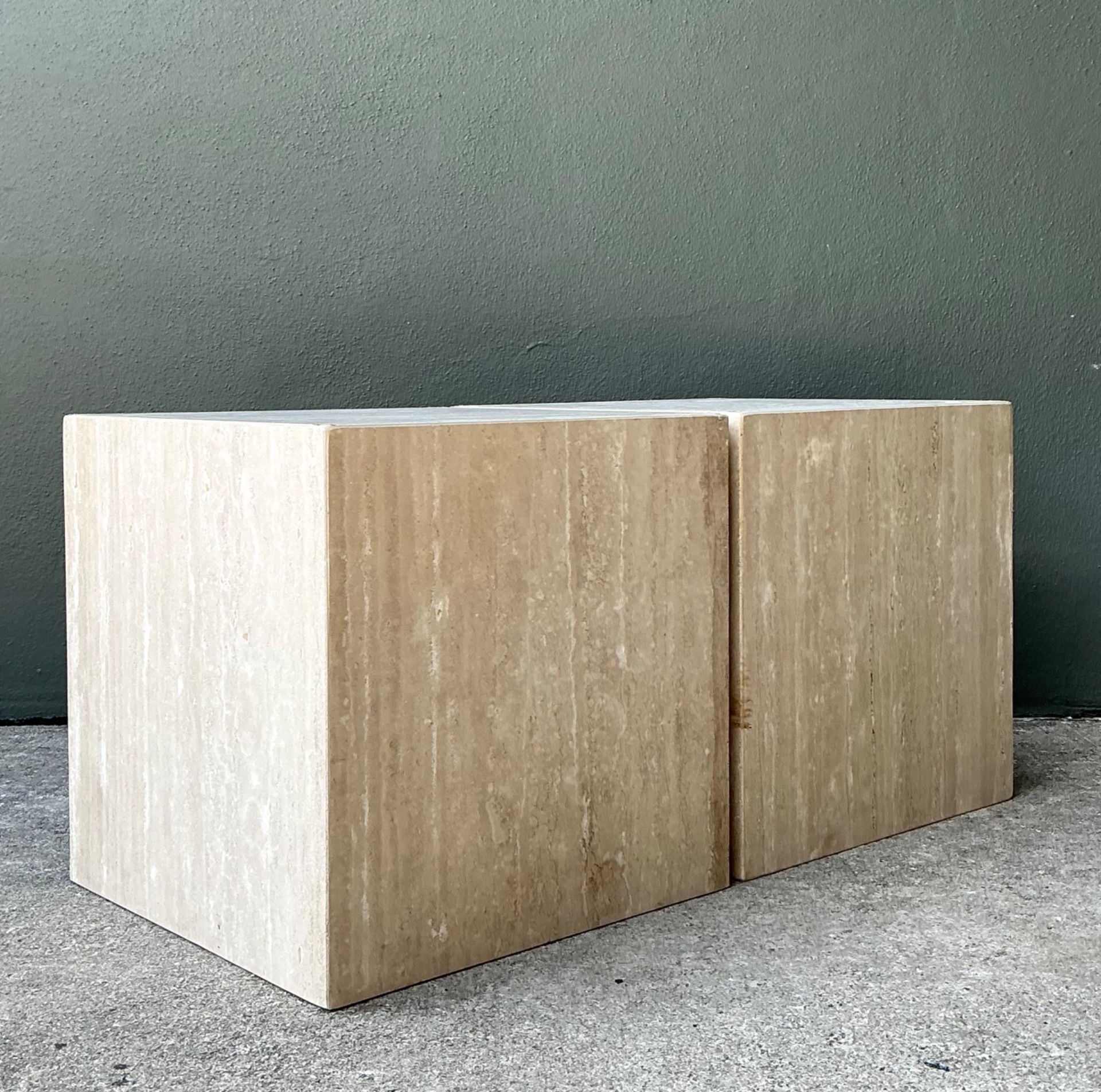 Vintage Travertine Cube Side Tables - A Pair - Back view