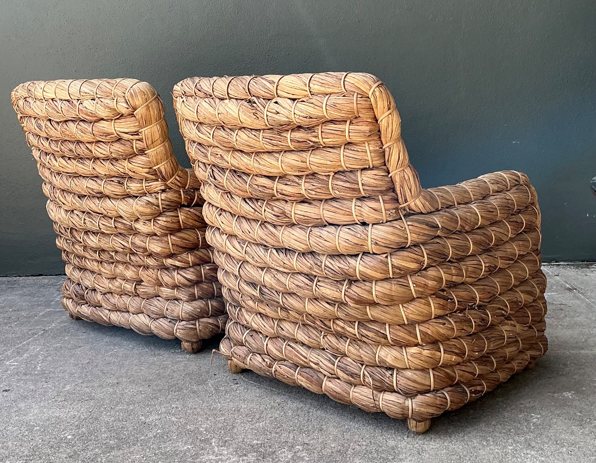 Vintage Twisted Rattan Lounge Chairs After Ralph Lauren - A Pair - Back view