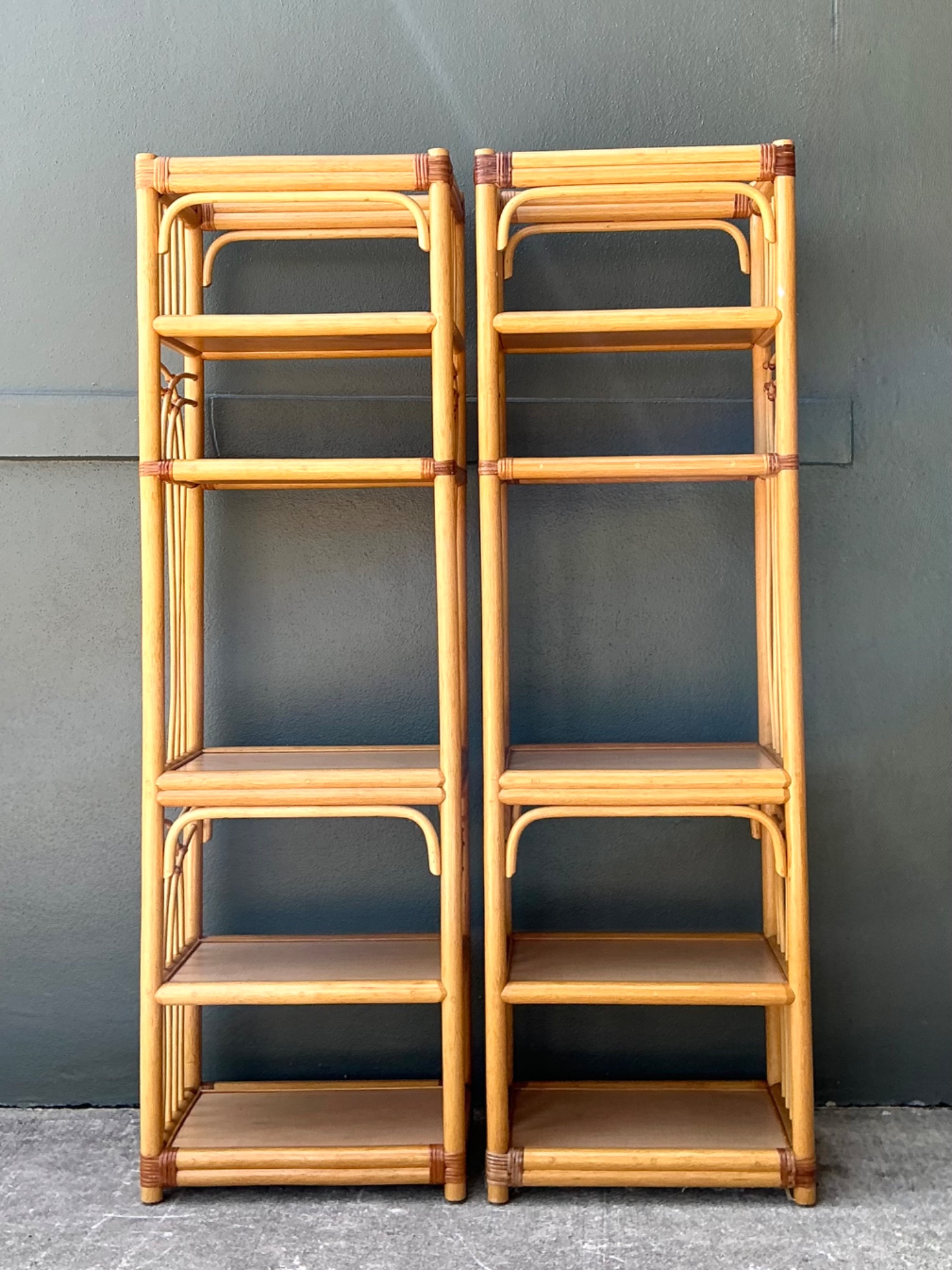 Vintage Rattan Etagere Shelves - A Pair - Side view