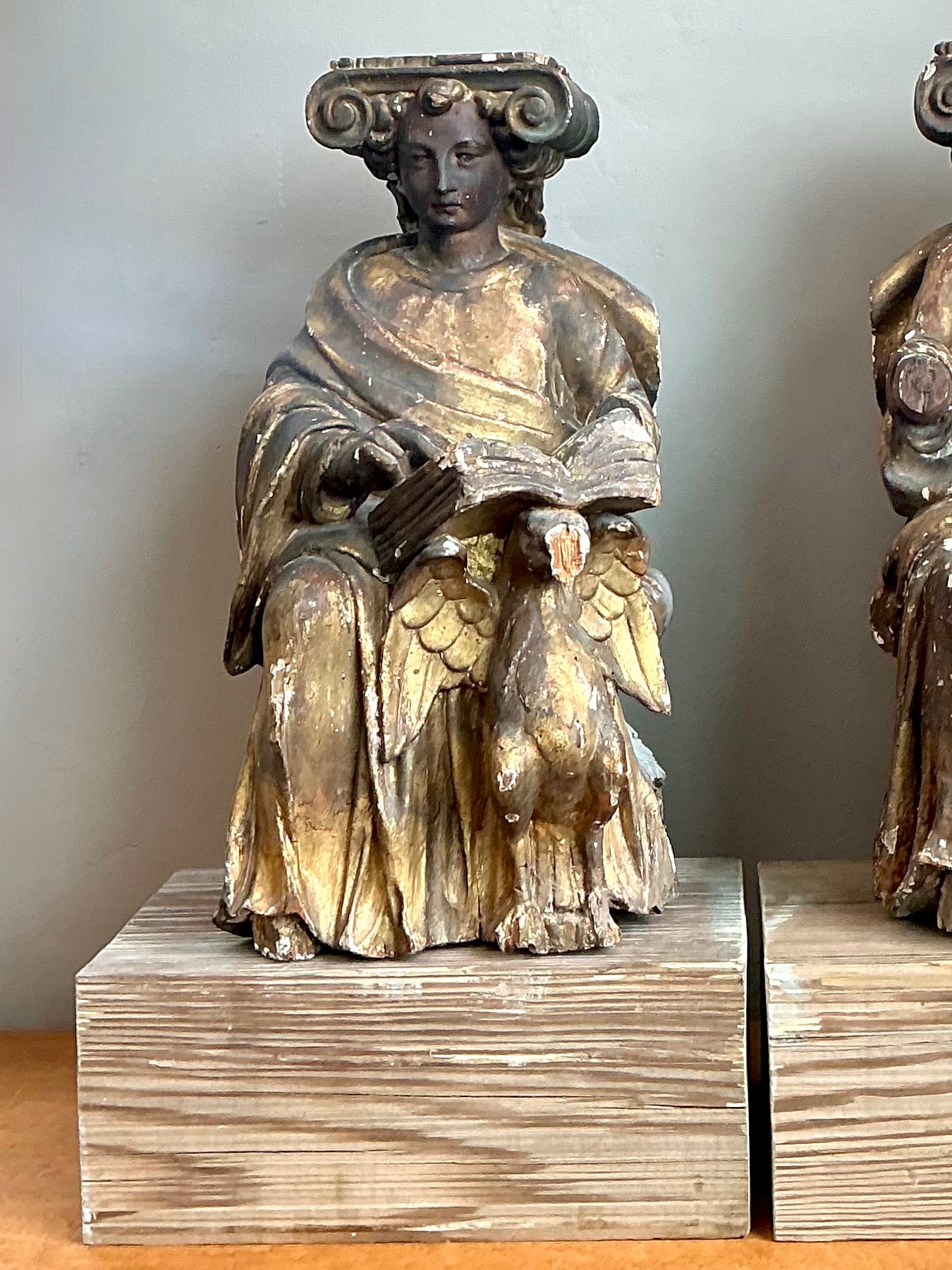 Vintage Polychromed Carved Wooden Figures - Set Of 2 - Side view