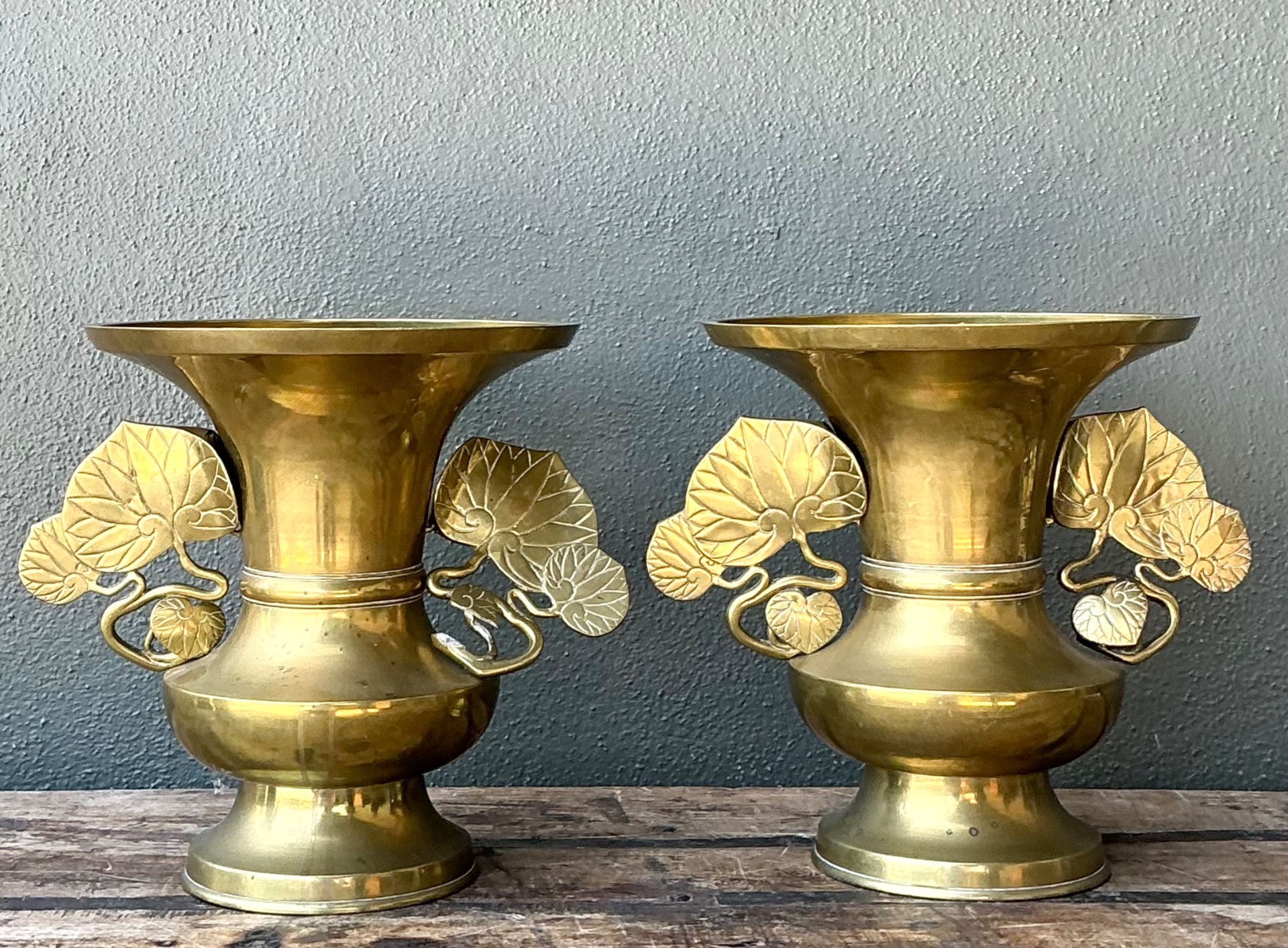 Vintage Brass Ginko Motif Vases - A Pair - Top view