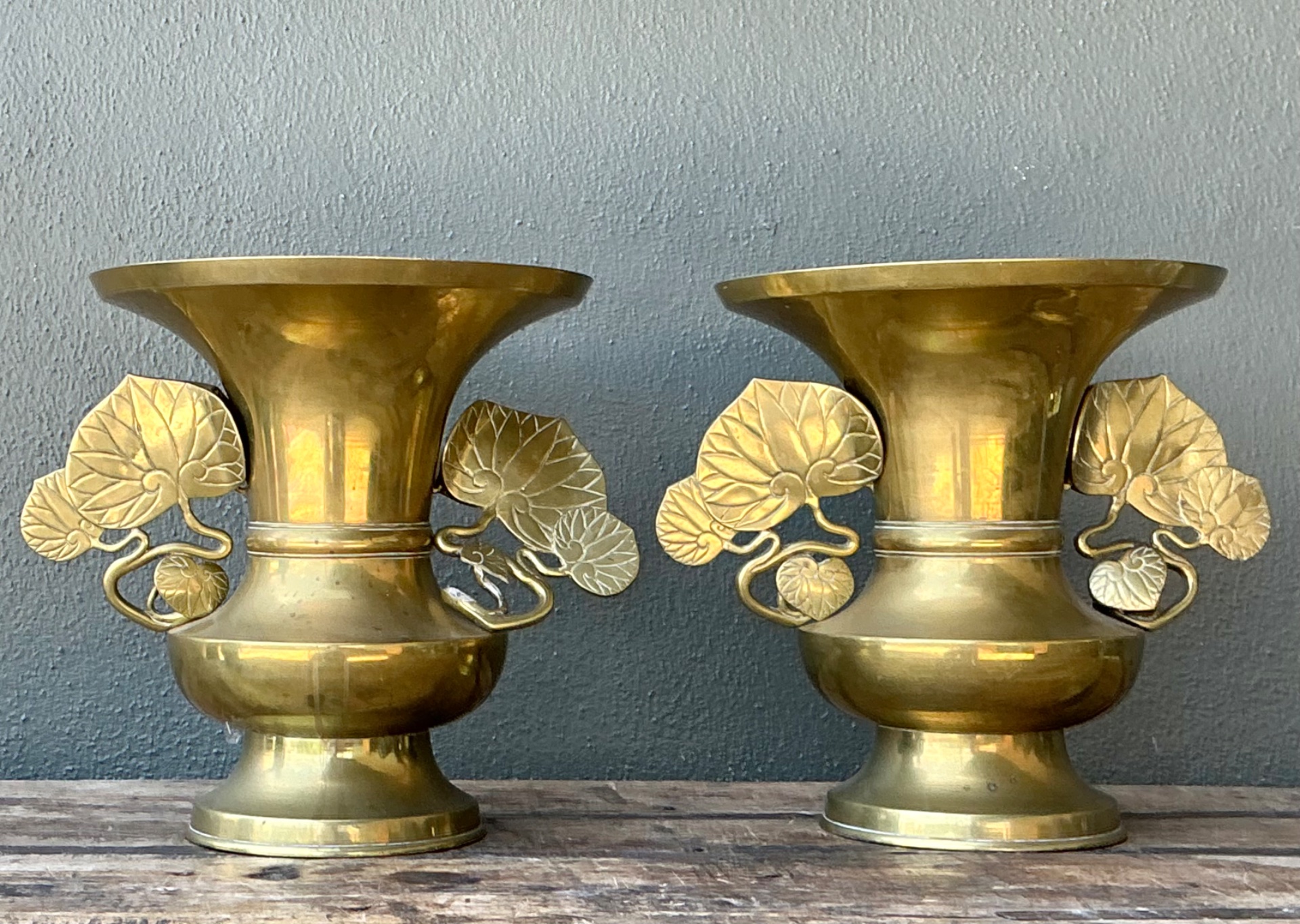 Vintage Brass Ginko Motif Vases - A Pair - Side view