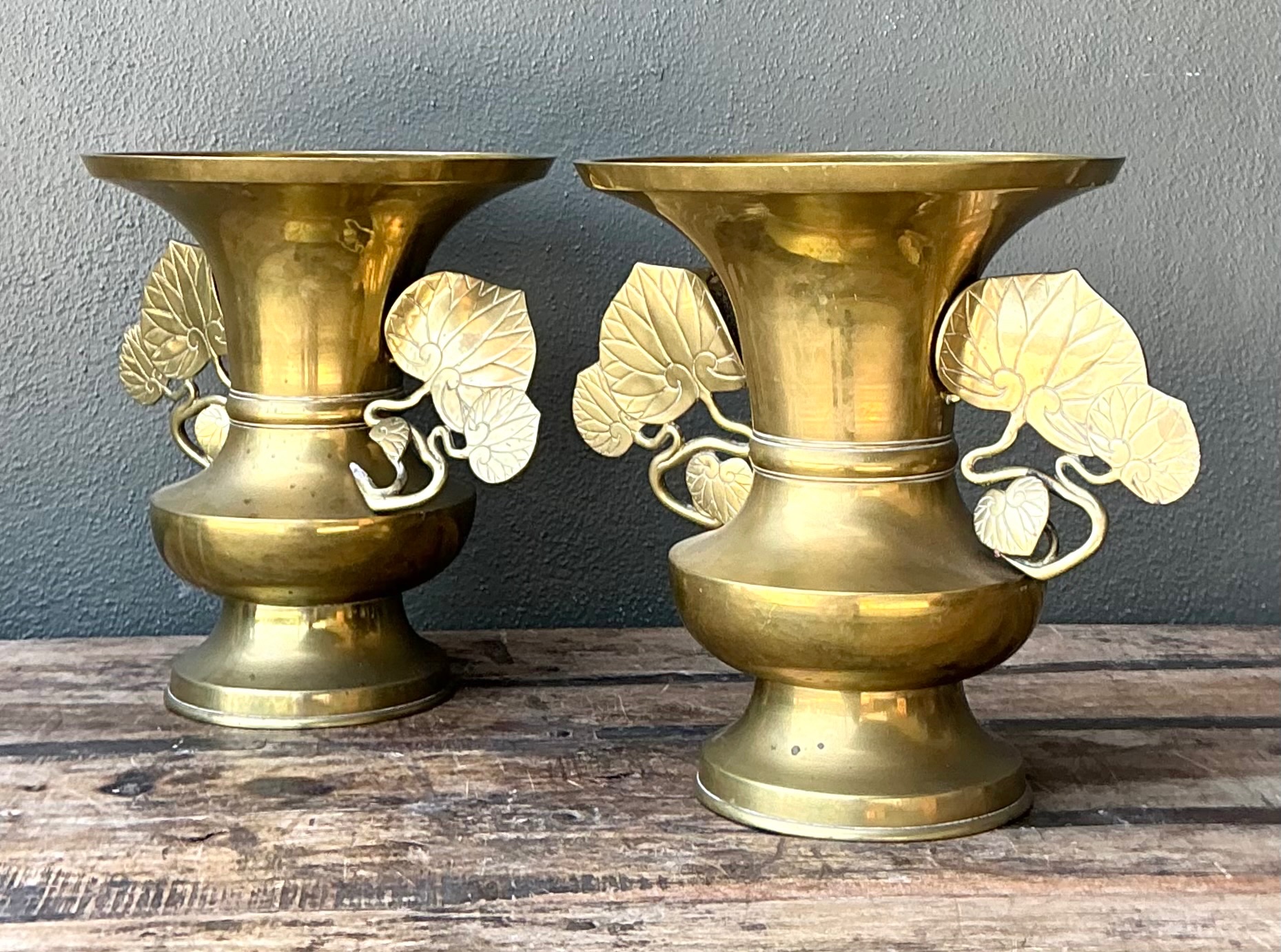 Vintage Brass Ginko Motif Vases - A Pair - Detail view