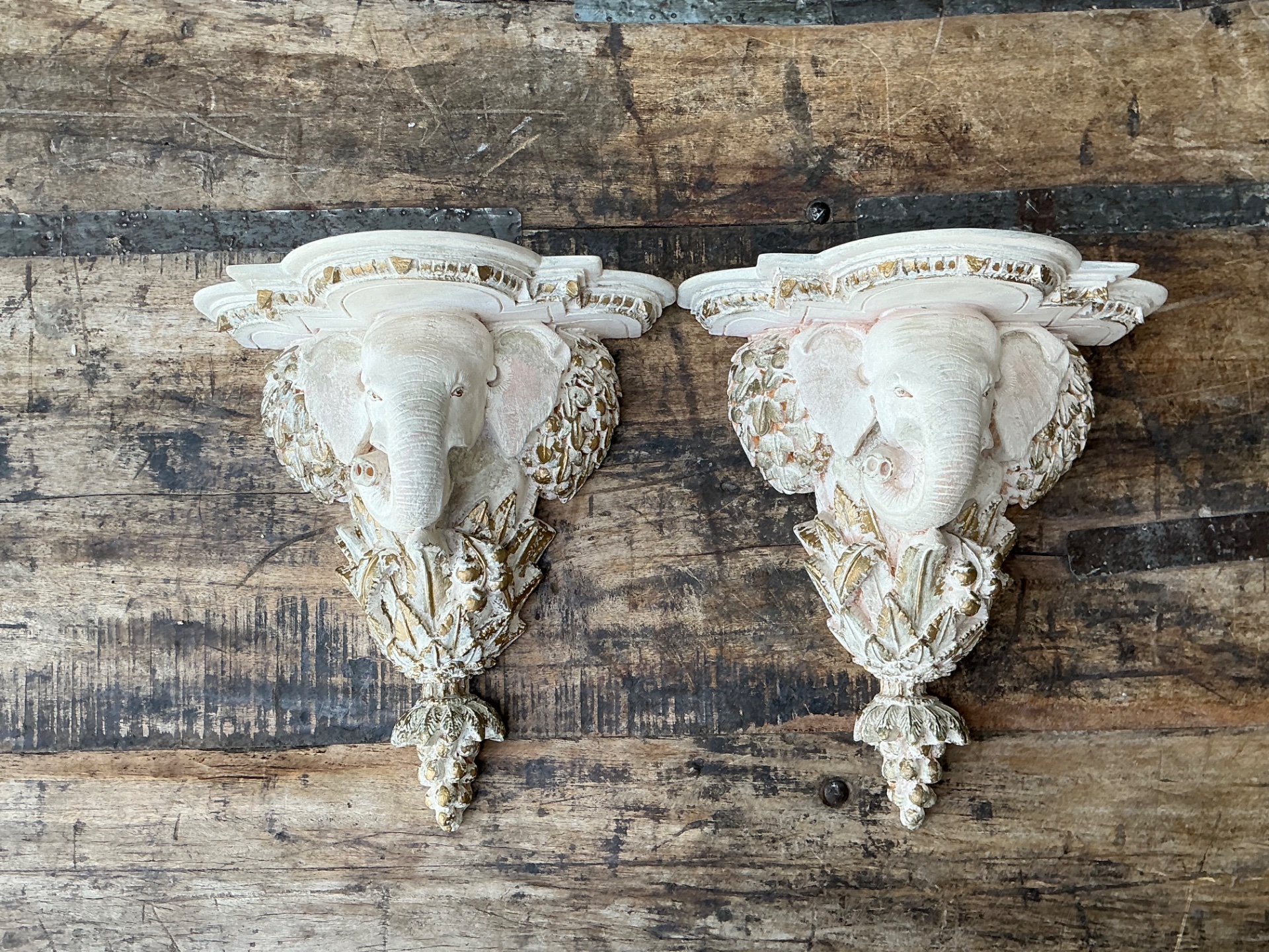 Vintage Elephant Motif Wall Brackets - A Pair - Detail view