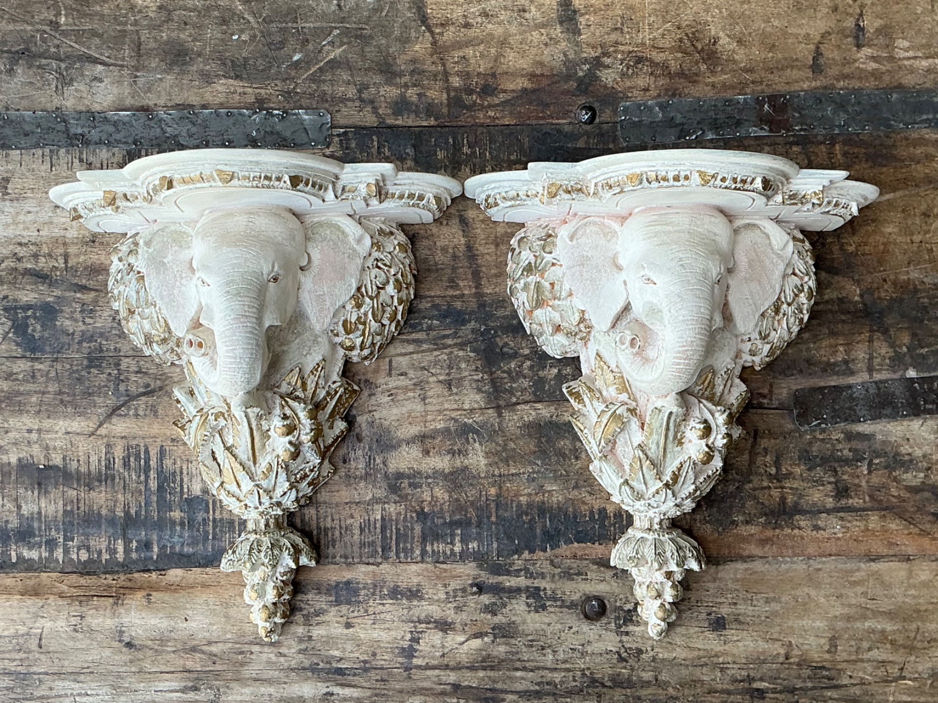 Vintage Elephant Motif Wall Brackets - A Pair - Top view