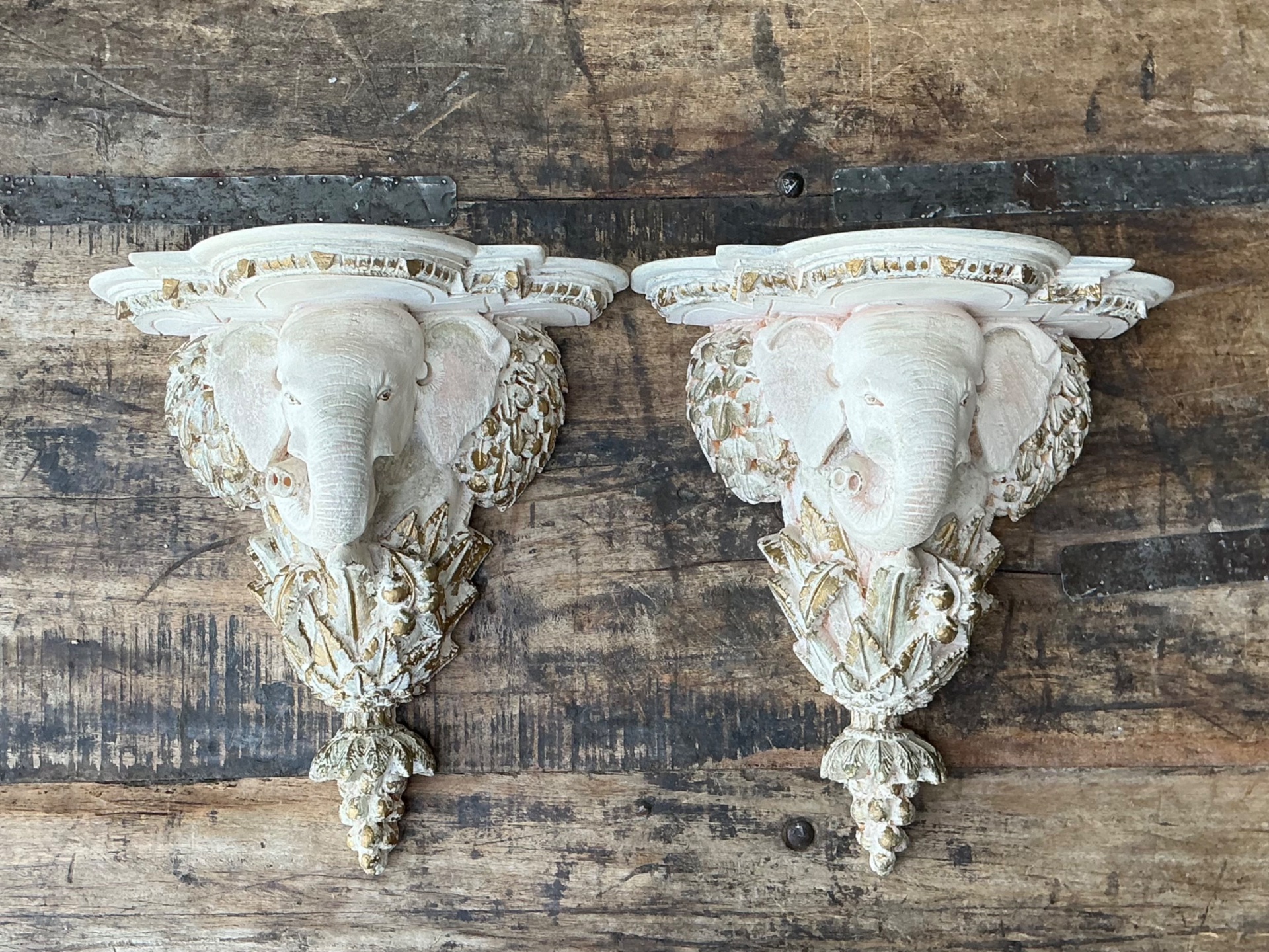 Vintage Elephant Motif Wall Brackets - A Pair - Side view
