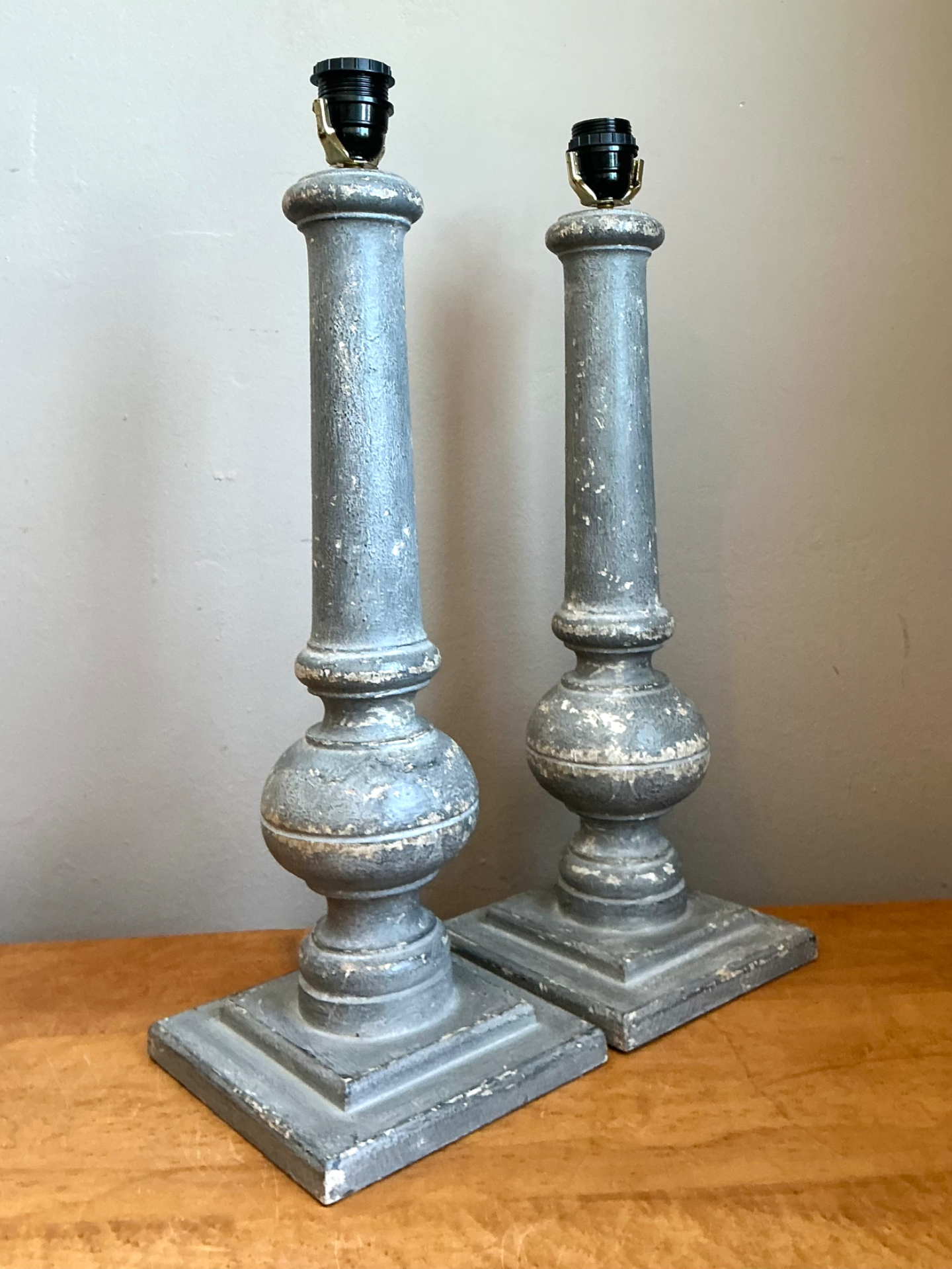 Vintage Distressed Wood Table Lamps - Pair - Detail view