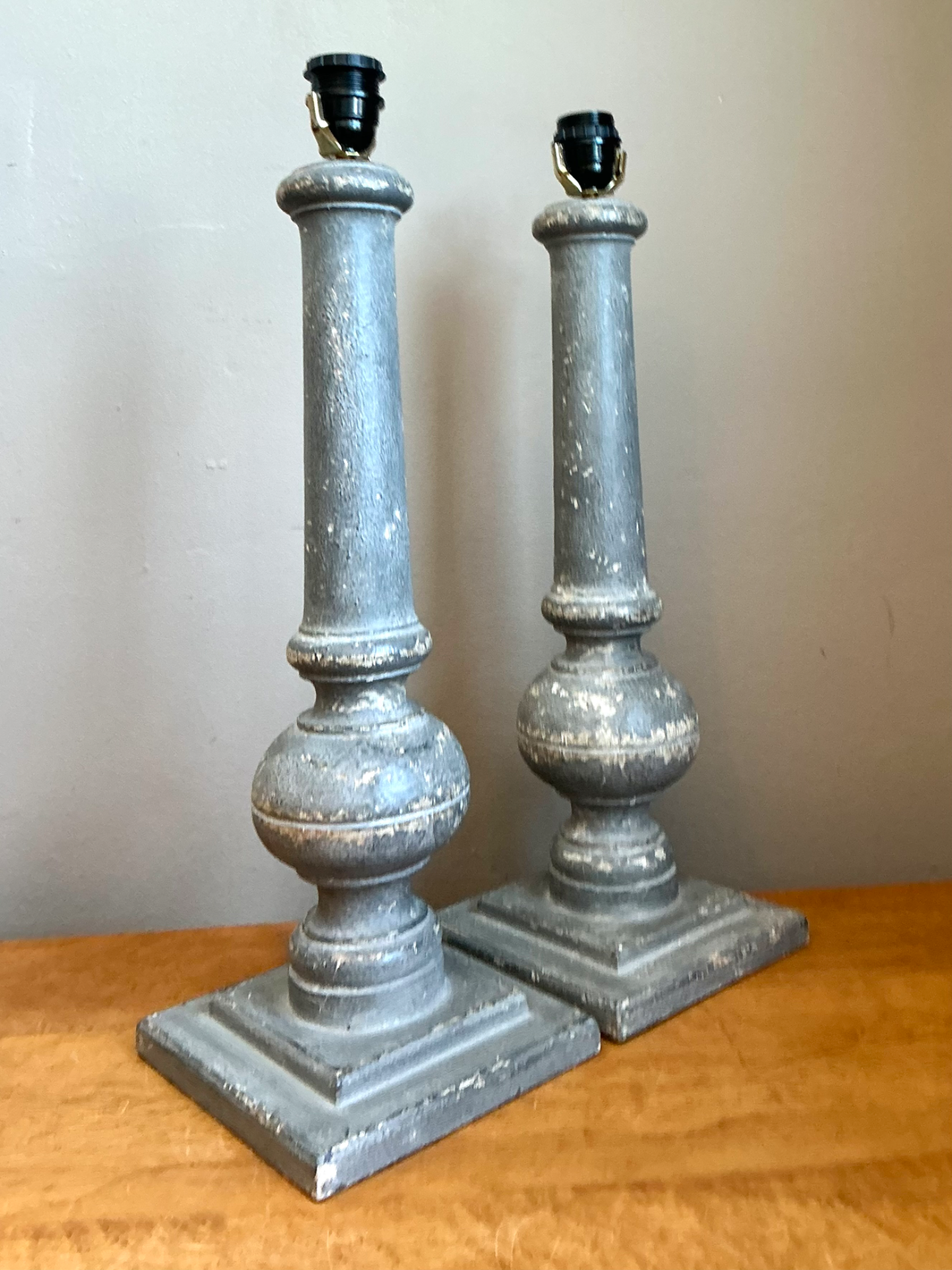 Vintage Distressed Wood Table Lamps - Pair - Top view