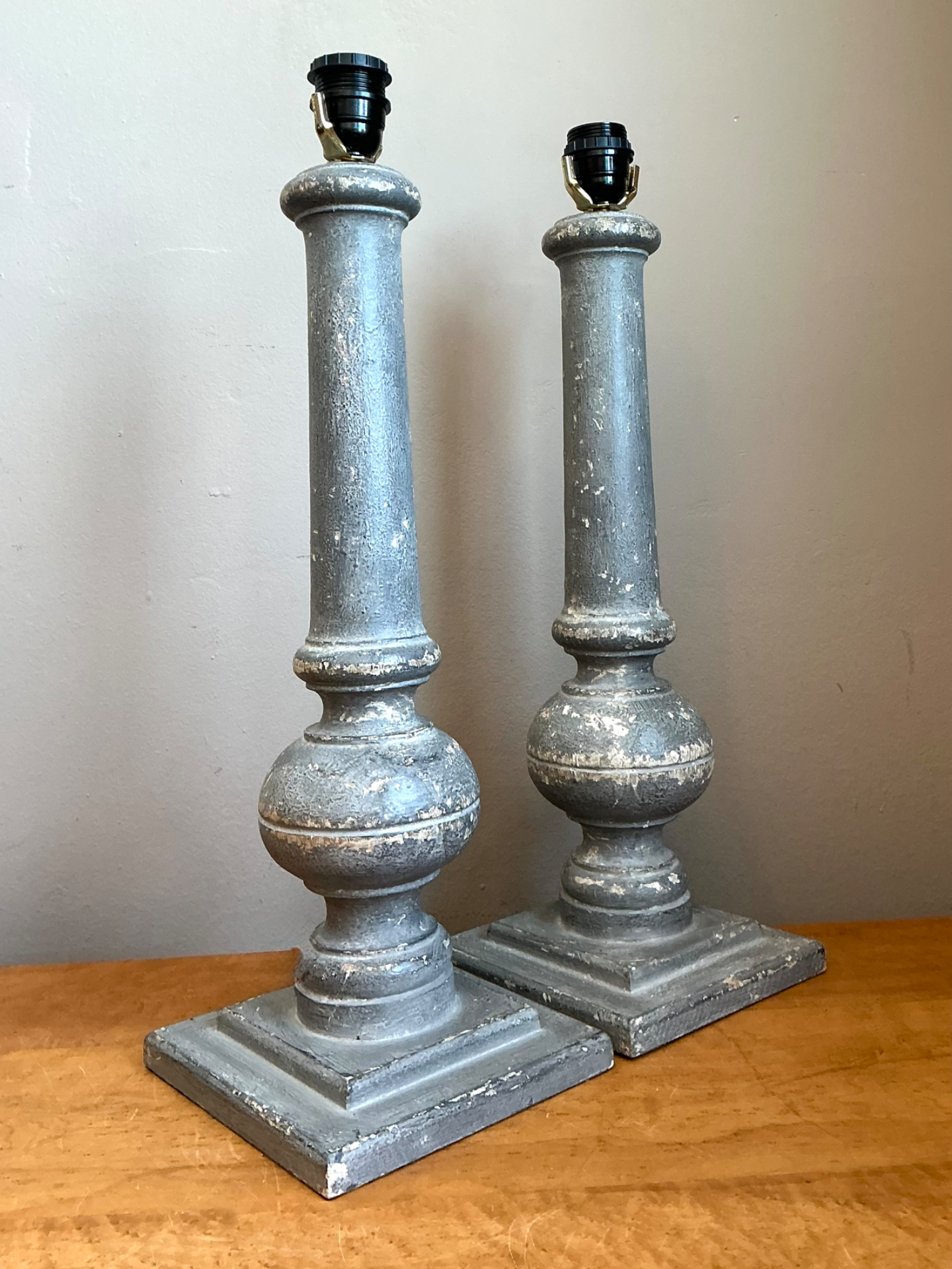 Vintage Distressed Wood Table Lamps - Pair - Side view