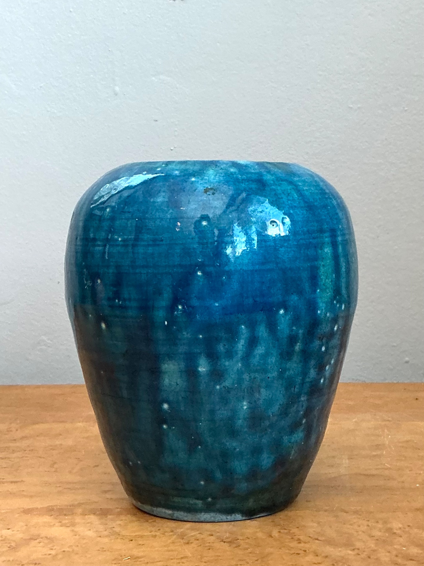 Vintage Blue Glazed Ceramic Vase - Detail view