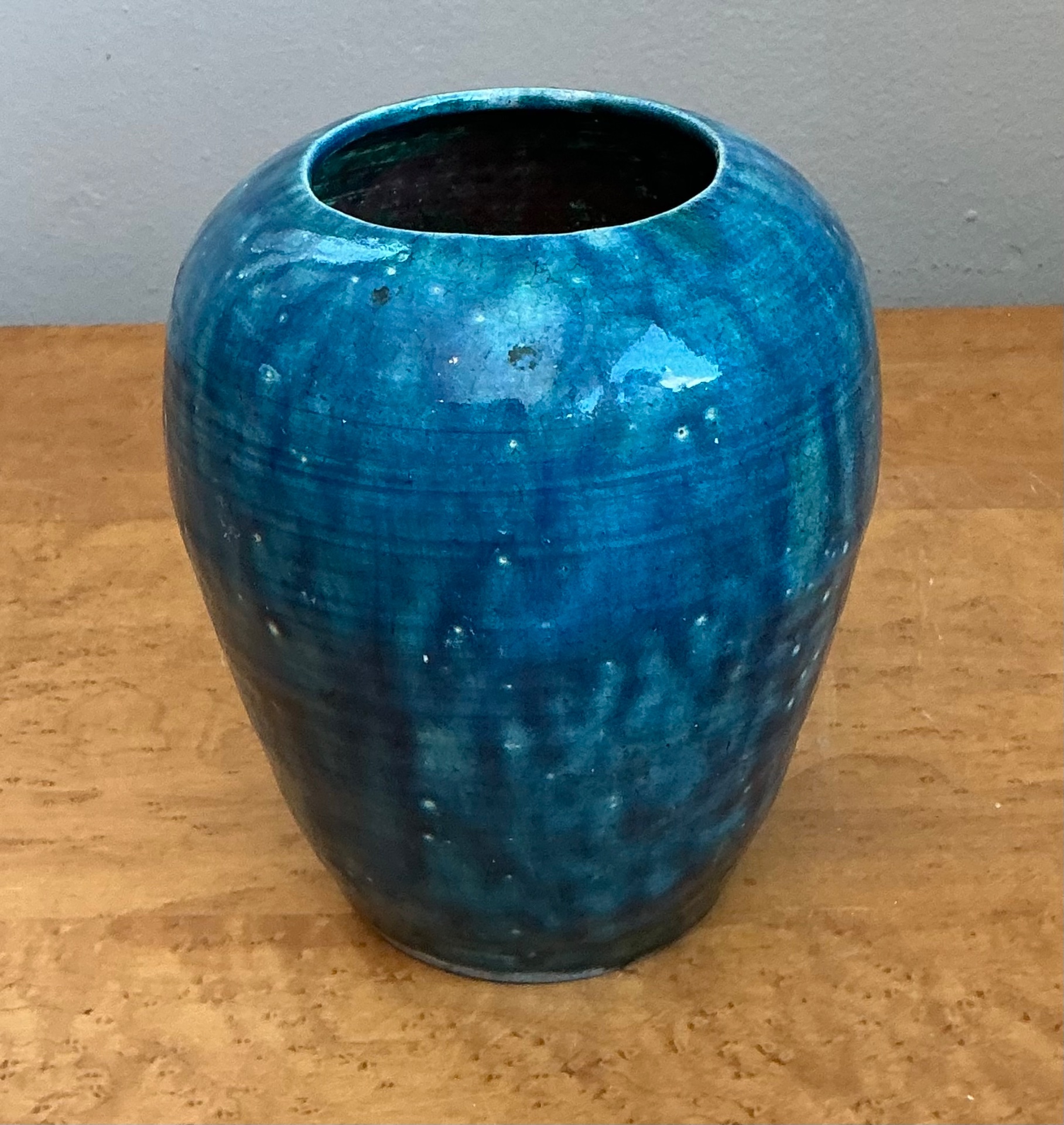 Vintage Blue Glazed Ceramic Vase - Top view