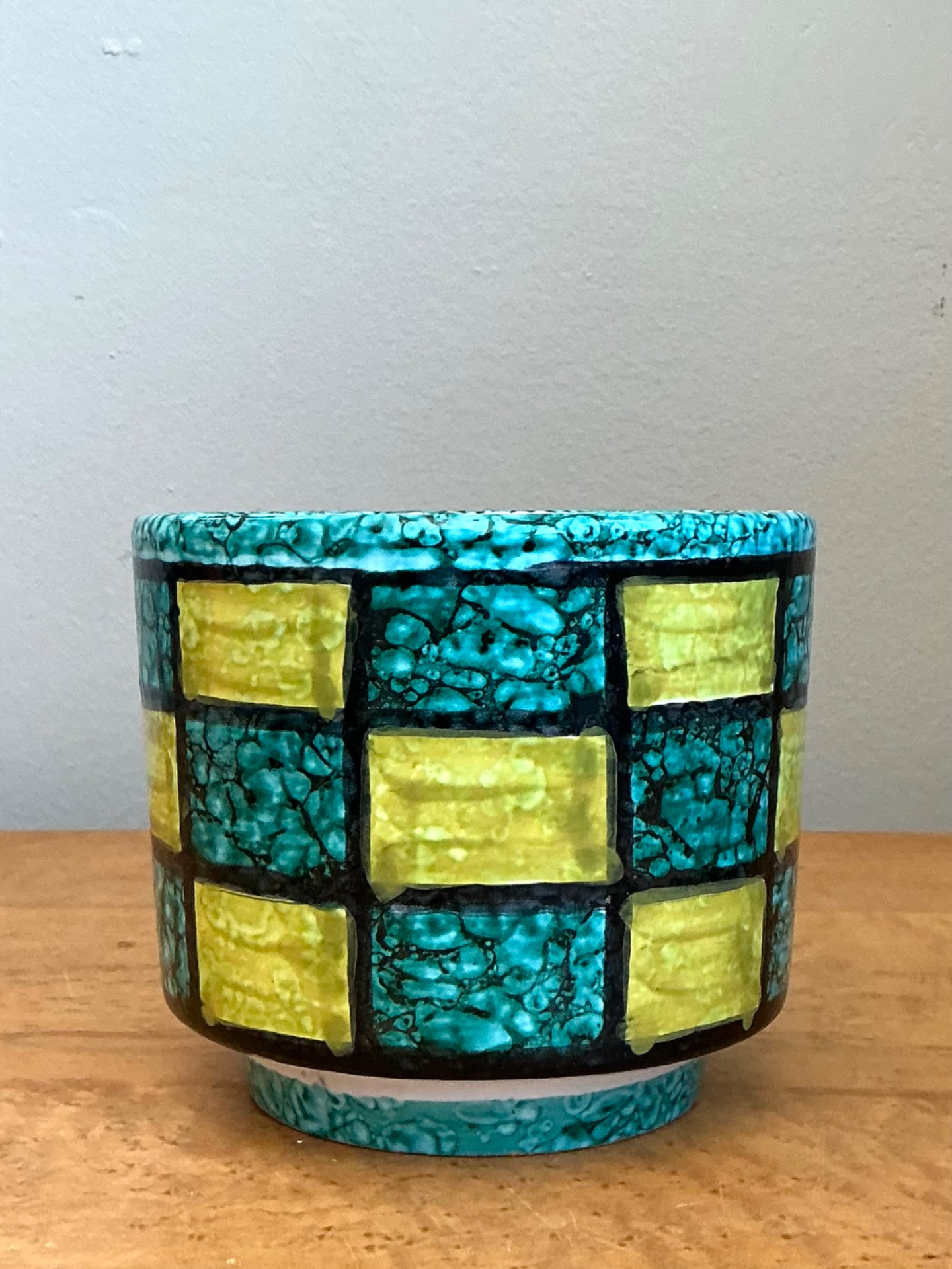 Vintage Italian Glazed Ceramic Checkerboard Cache Pot - Top view