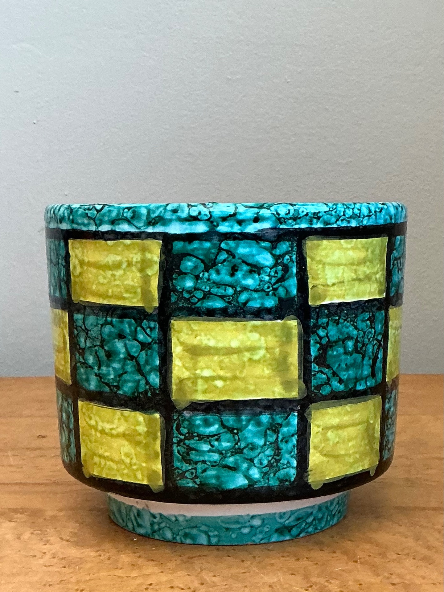 Vintage Italian Glazed Ceramic Checkerboard Cache Pot - Back view