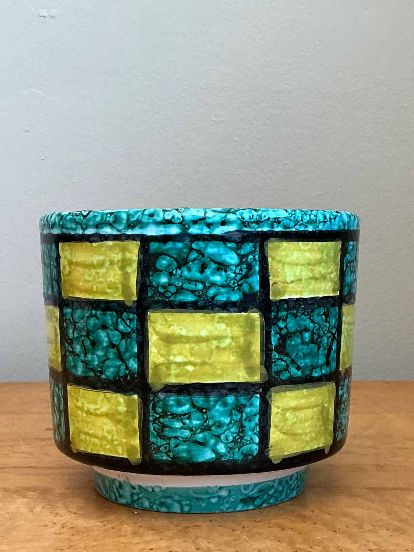 Vintage Italian Glazed Ceramic Checkerboard Cache Pot - Side view