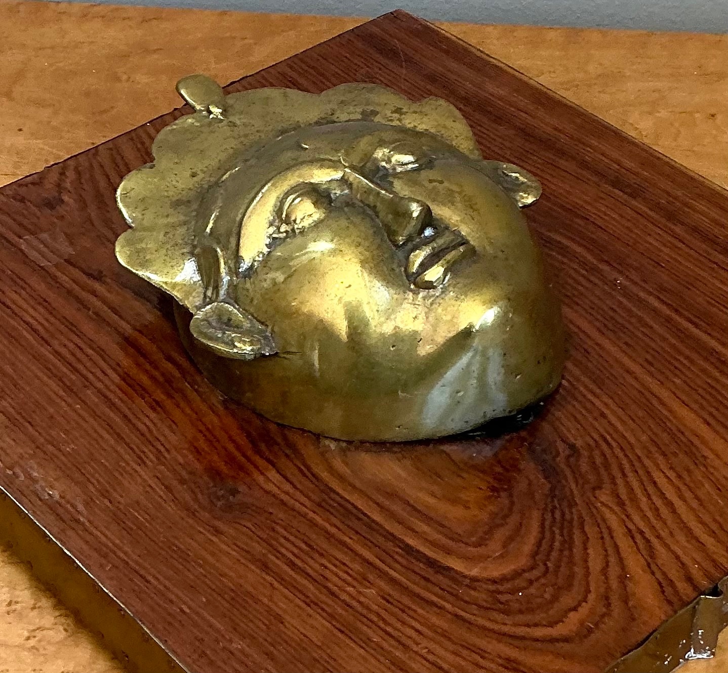 Vintage Brass Mask Mounted on Wood - Back view