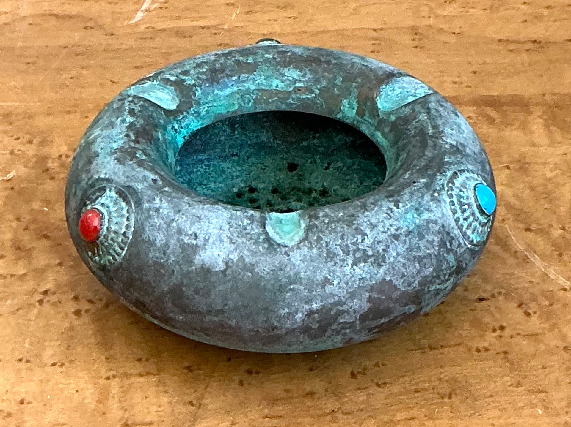 Vintage Turquoise and Coral Inlaid Ashtray - Back view