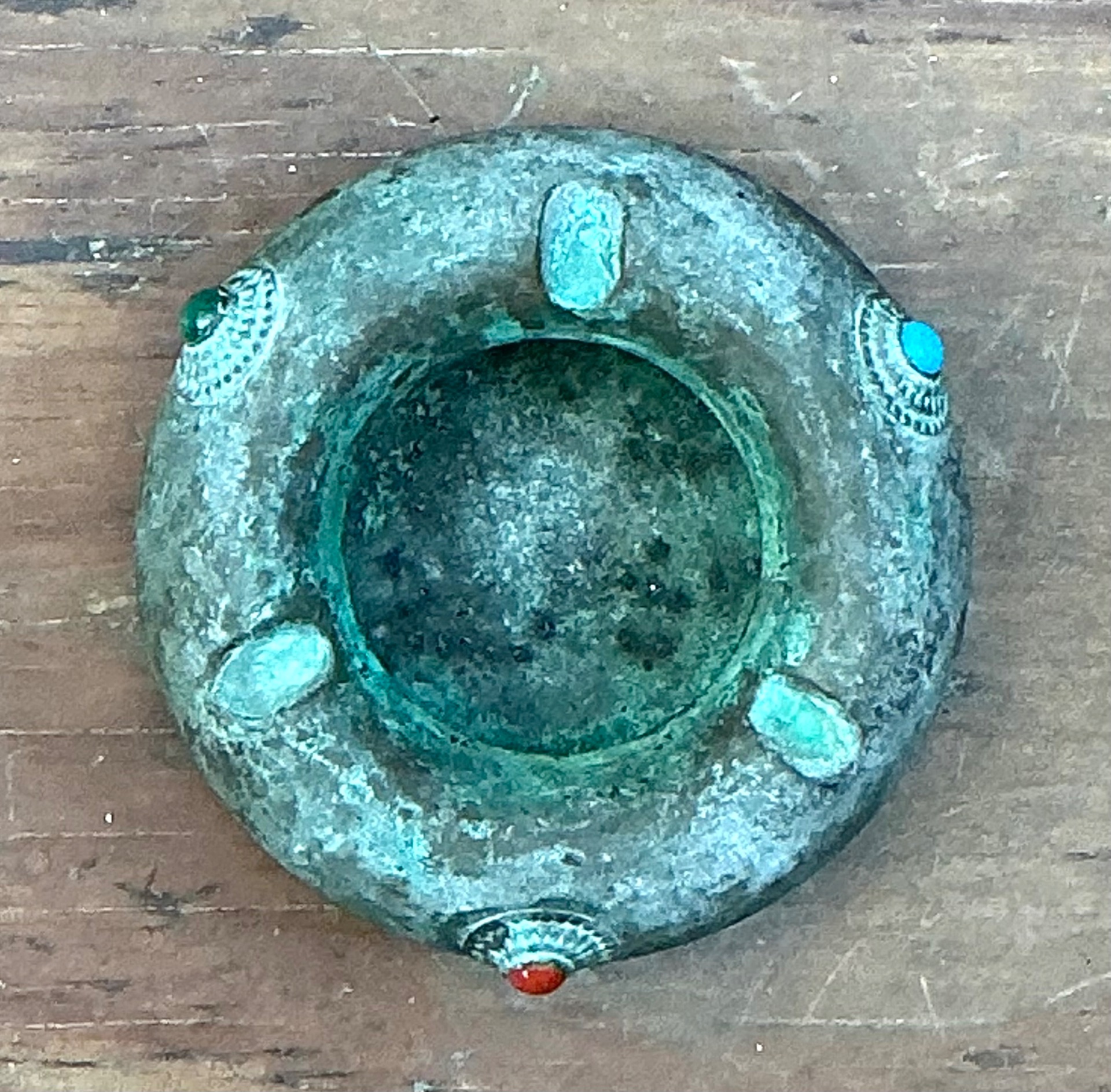 Vintage Turquoise and Coral Inlaid Ashtray - Side view