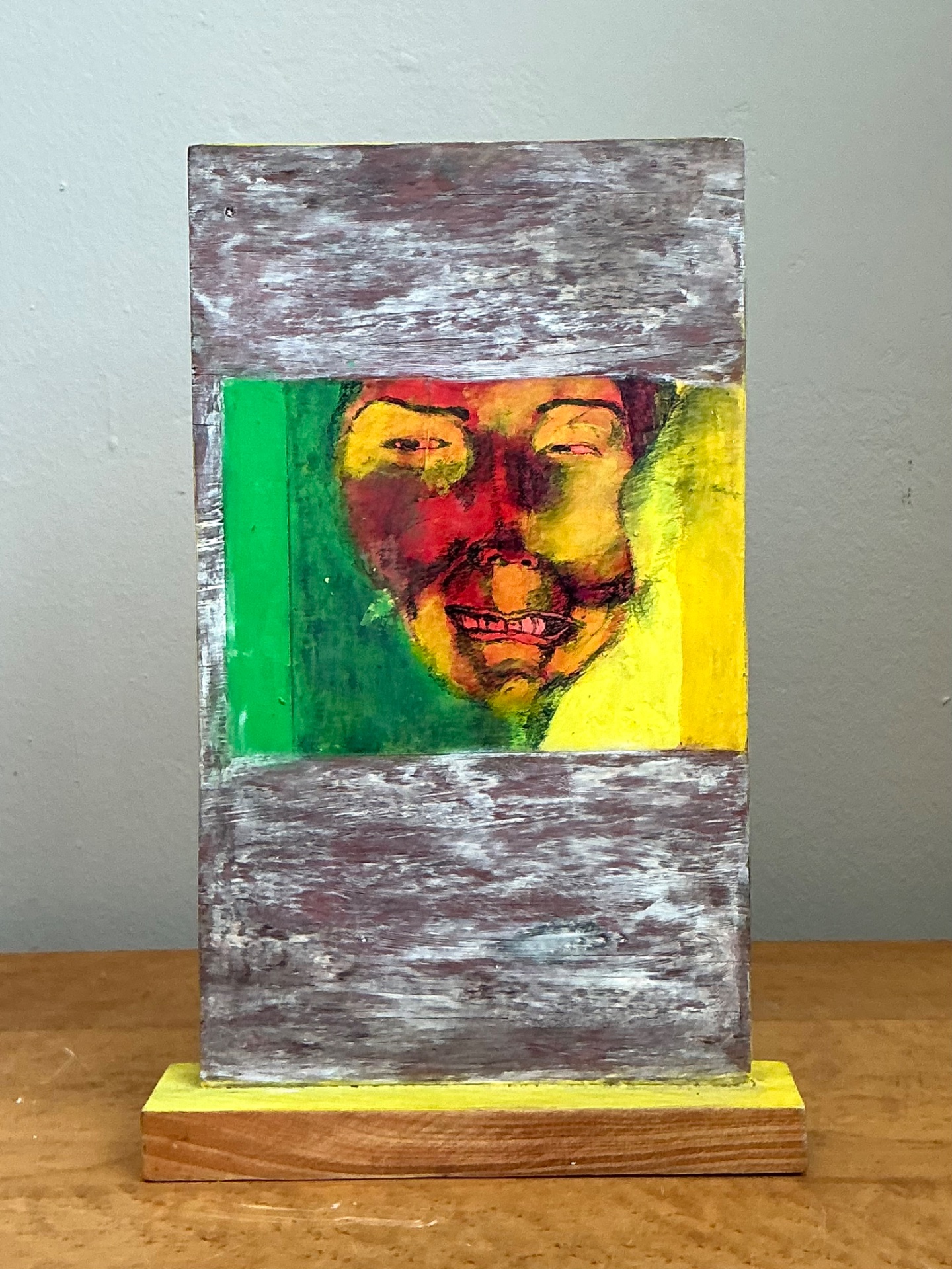 Vintage Abstract Double Sided Painted Portrait Wood Panel - Top view