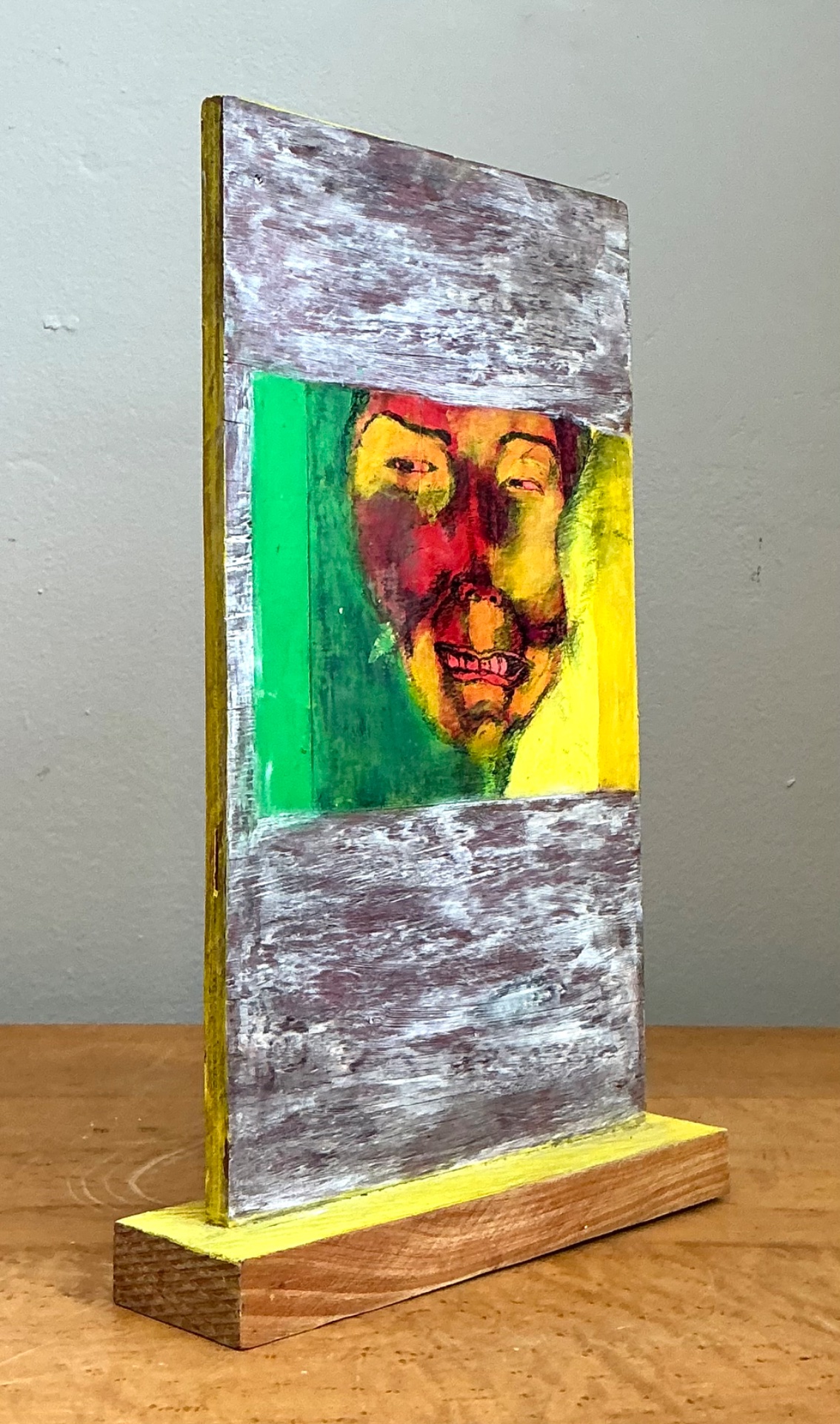 Vintage Abstract Double Sided Painted Portrait Wood Panel - Side view